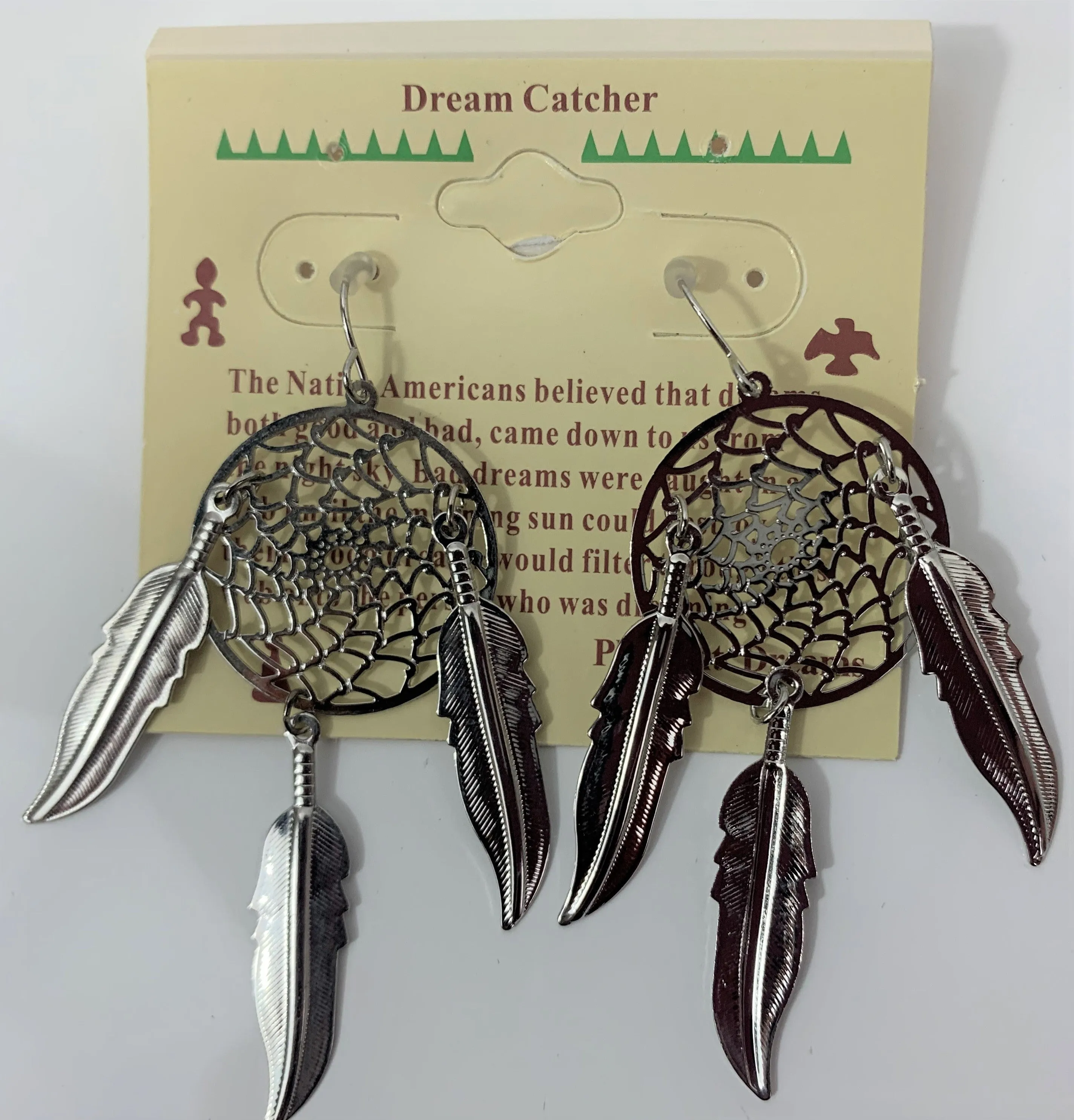 3INCH METAL DREAM CATCHER SILVER DANGLE EARRINGS WITH FEATHERS (SOLD BY THE PAIR)