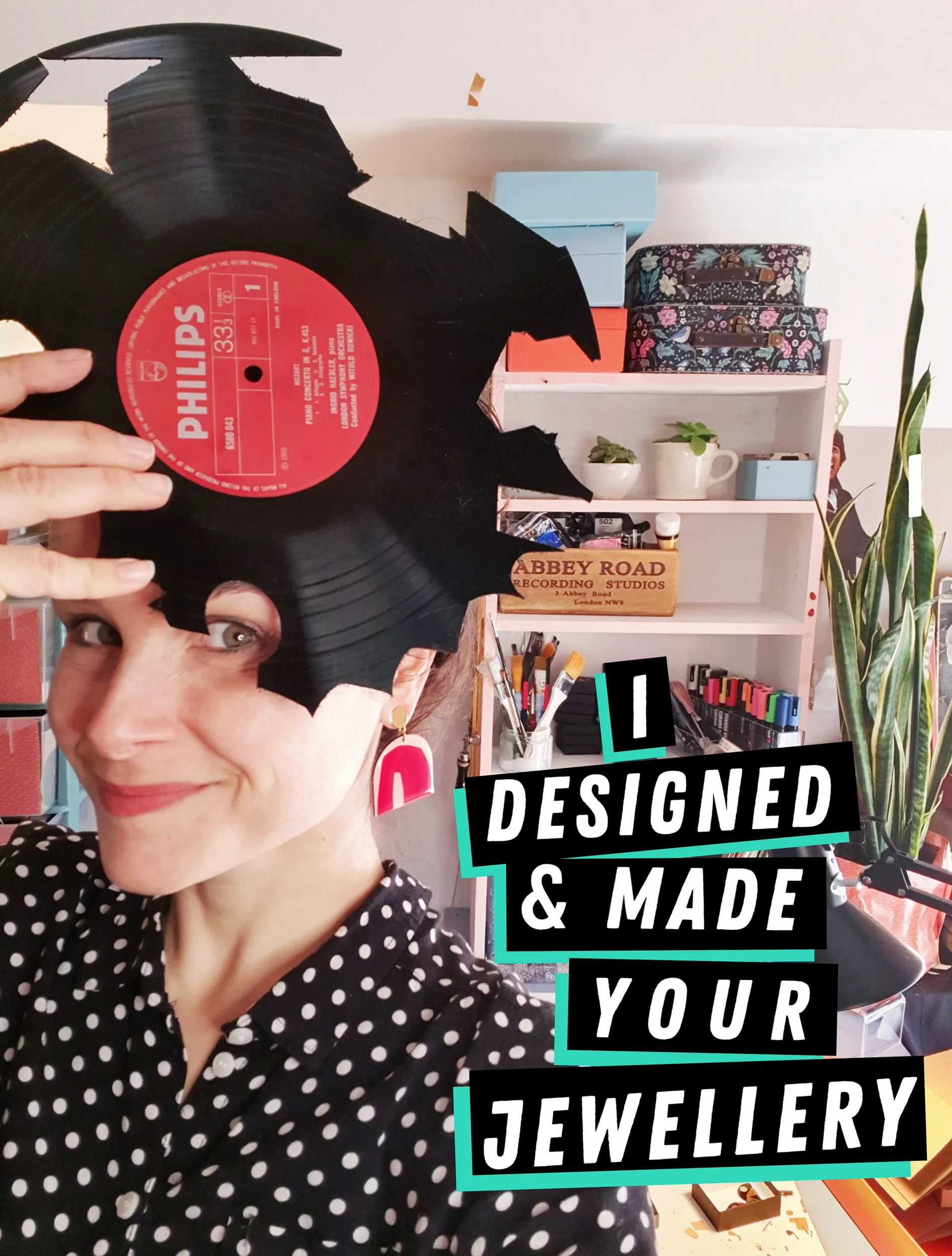50% OFF/ IRIS Contemporary statement earrings in red, teal and turquoise / upcycled vinyl record