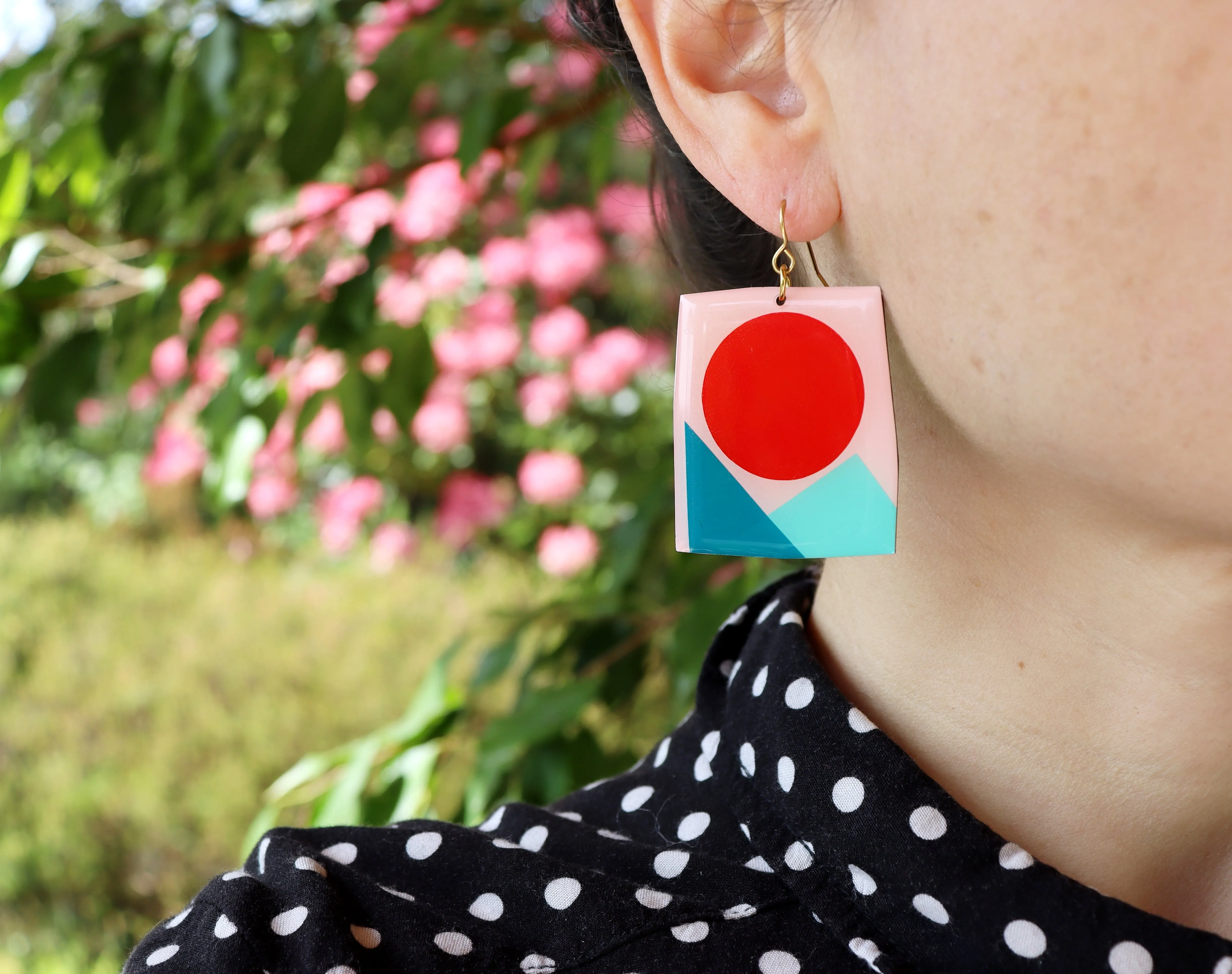 50% OFF/ IRIS Contemporary statement earrings in red, teal and turquoise / upcycled vinyl record