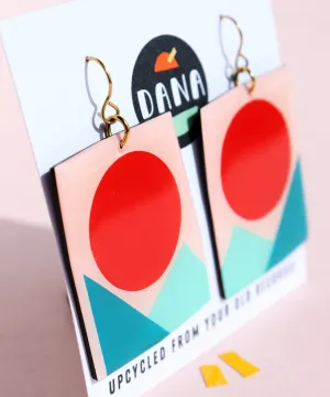 50% OFF/ IRIS Contemporary statement earrings in red, teal and turquoise / upcycled vinyl record