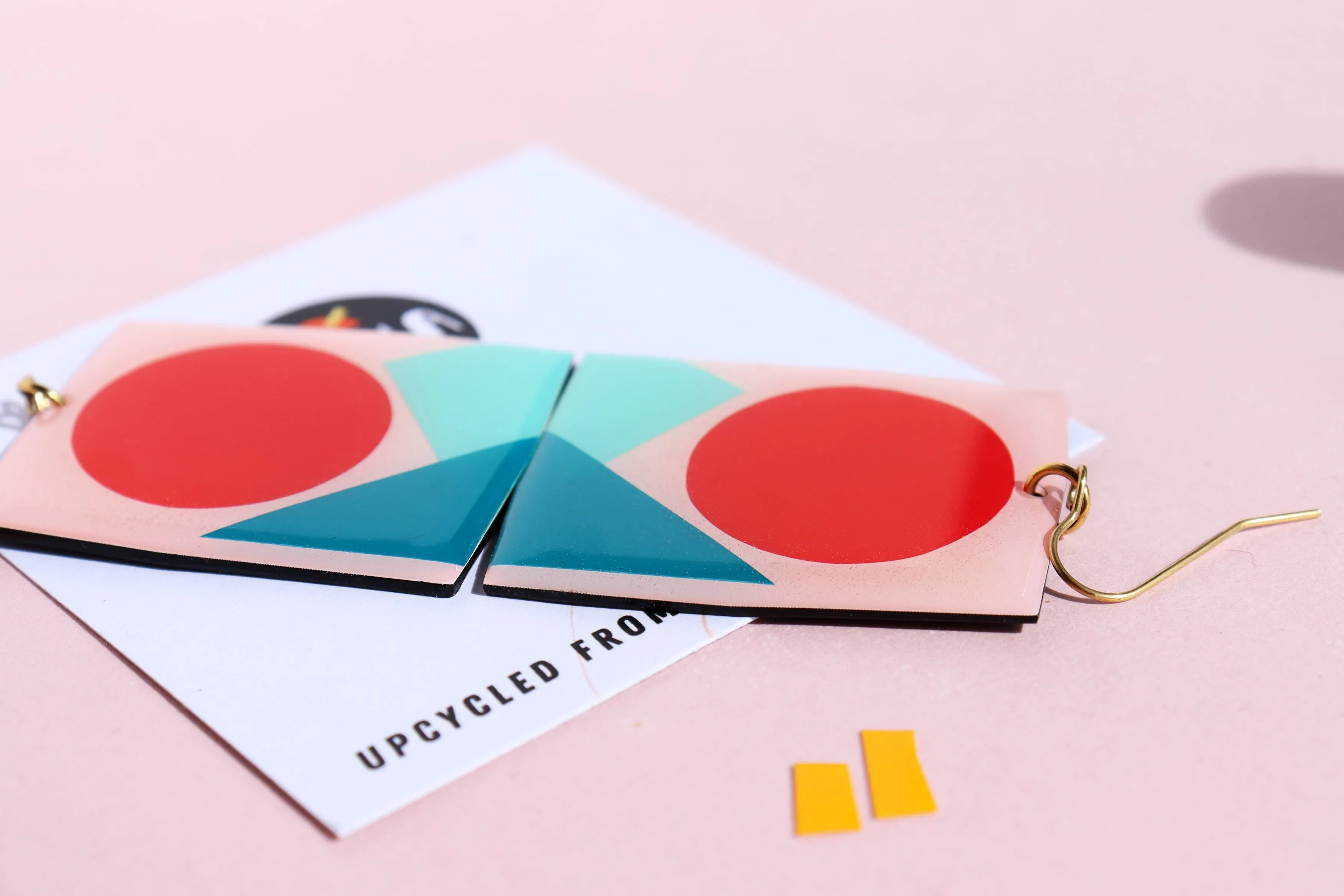 50% OFF/ IRIS Contemporary statement earrings in red, teal and turquoise / upcycled vinyl record