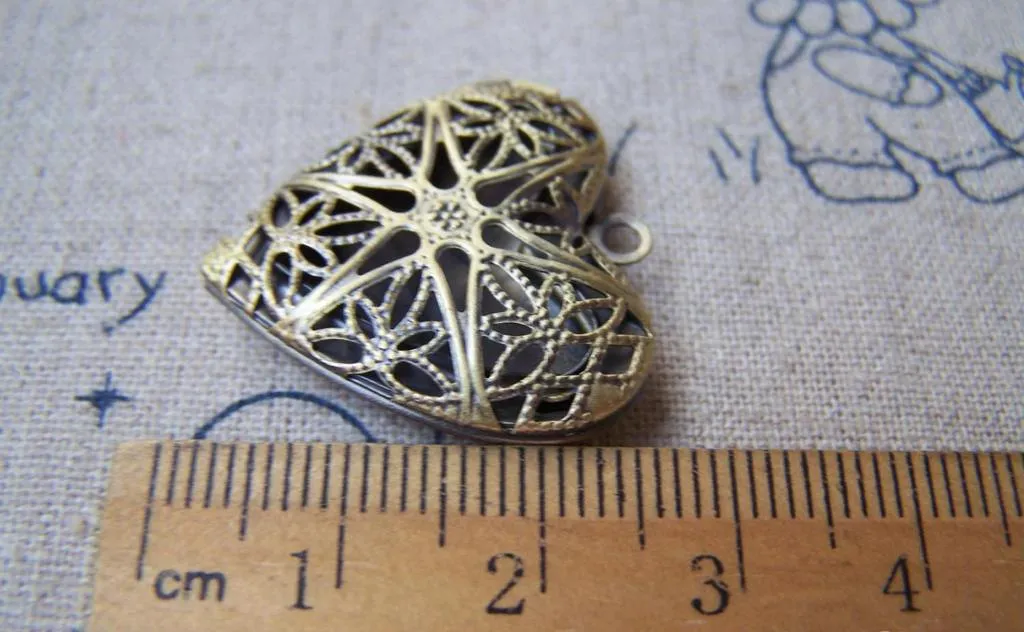 6 pcs Antique Bronze Brass Filigree Heart Photo Locket 25mm A3549