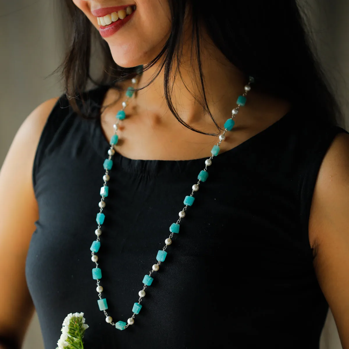 Amazonite and Pearls Silver Necklace