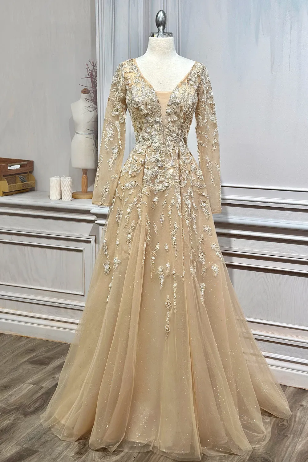 Andrea & Leo Couture Long Sleeves Beaded Embellishment Prom Gown A1215