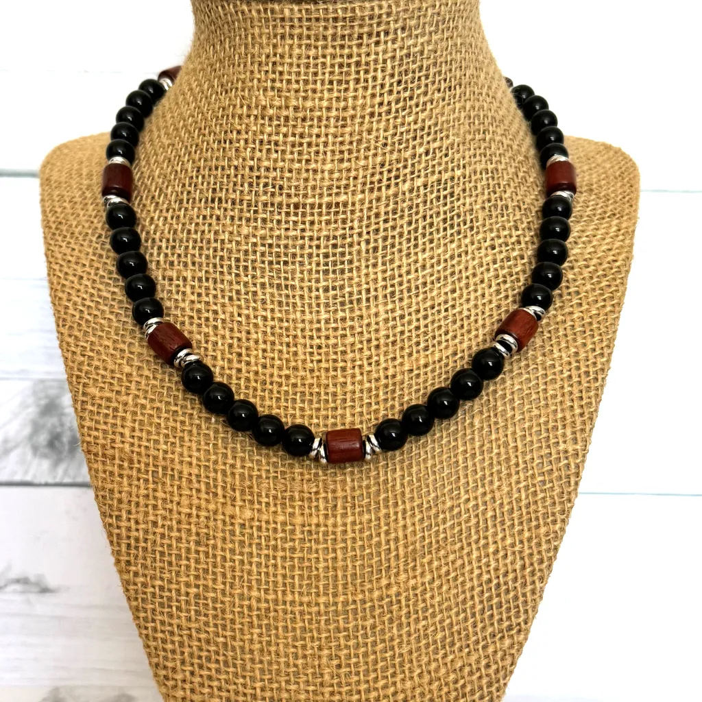 Black Onyx and Rosewood Beaded Mens Necklace