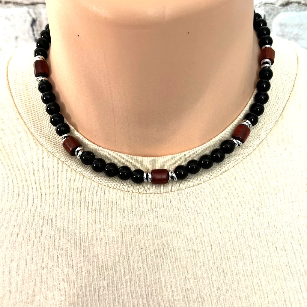 Black Onyx and Rosewood Beaded Mens Necklace