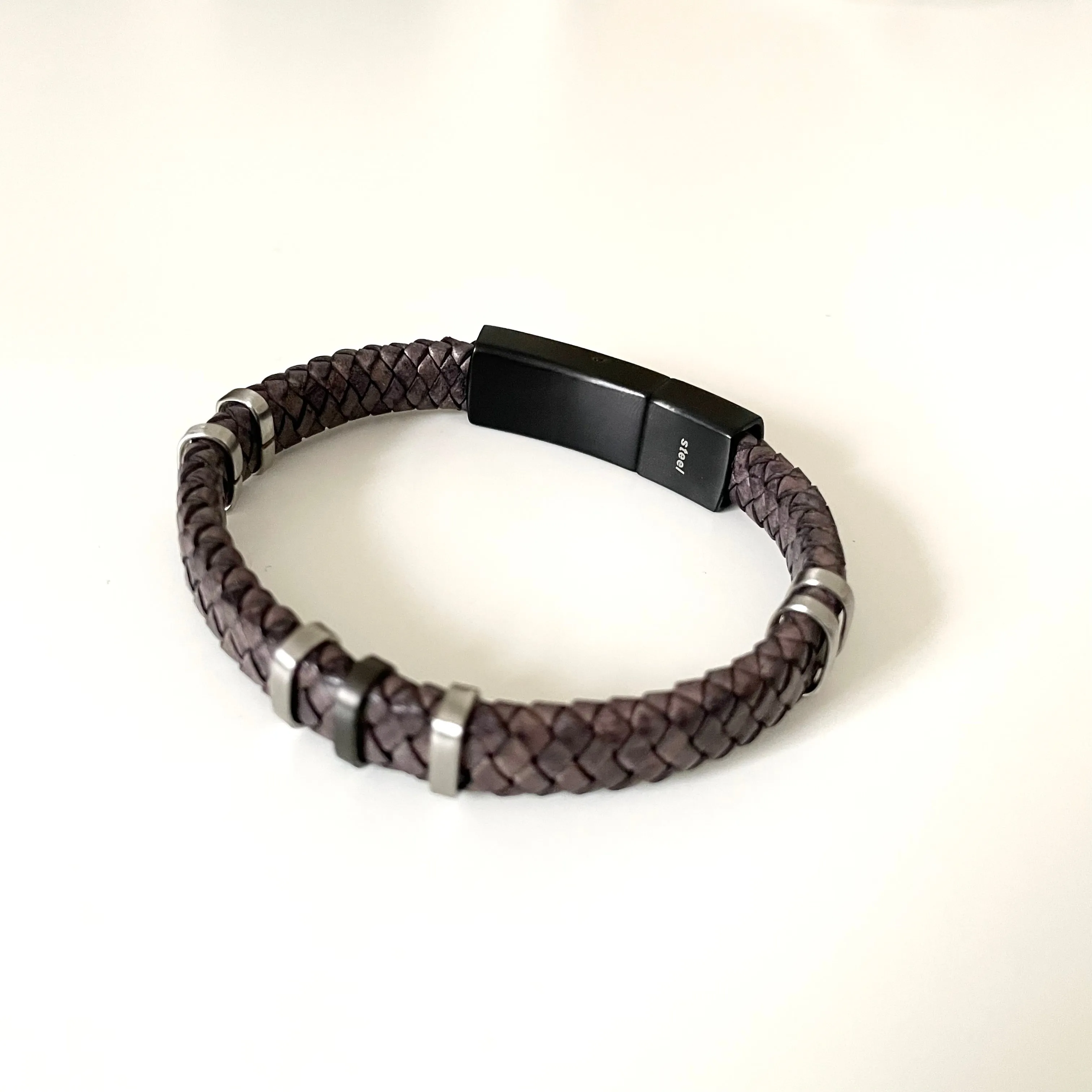 Brown Nappa Leather Braided Band Bracelet with a Stainless Steel Black Snap Fastener