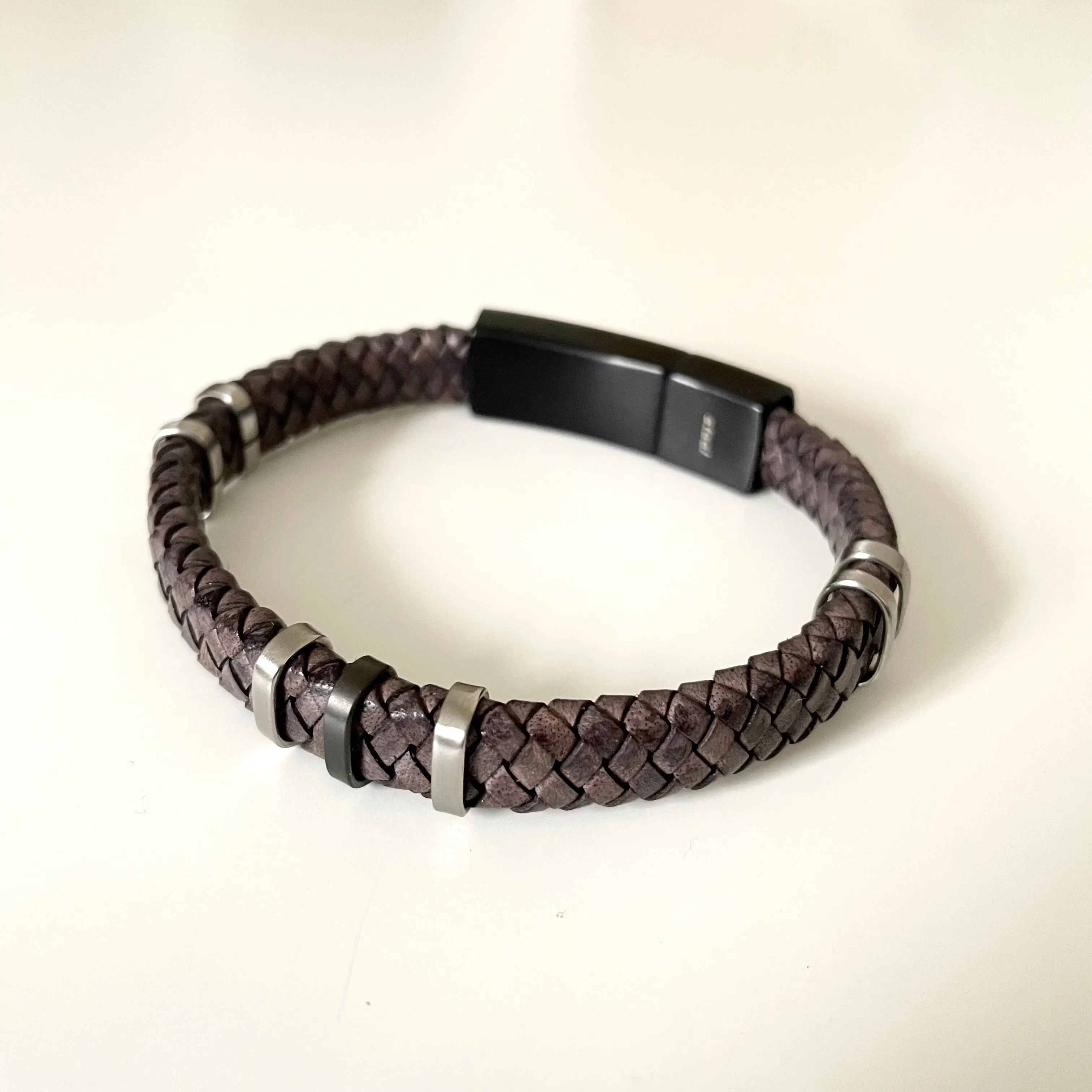 Brown Nappa Leather Braided Band Bracelet with a Stainless Steel Black Snap Fastener
