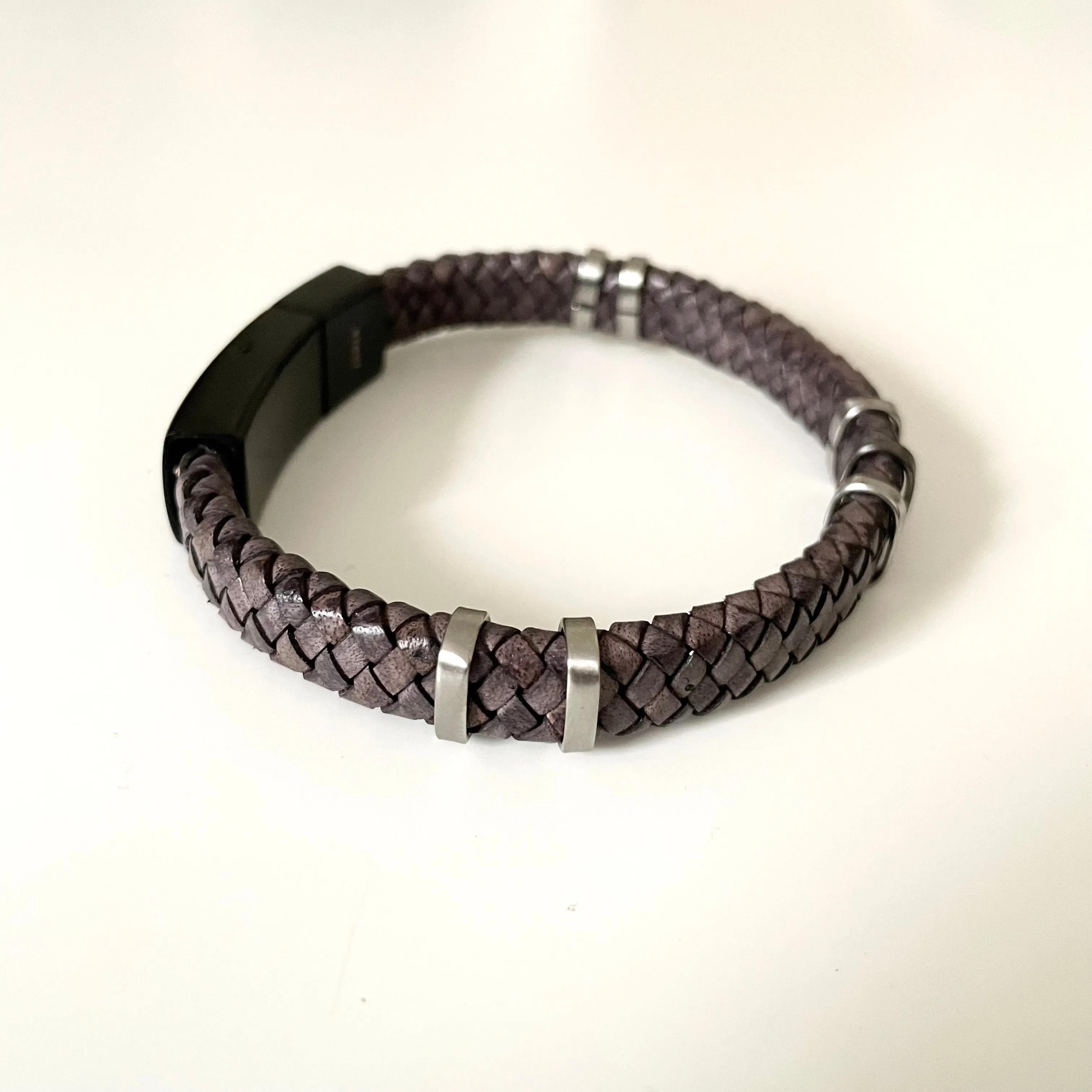 Brown Nappa Leather Braided Band Bracelet with a Stainless Steel Black Snap Fastener