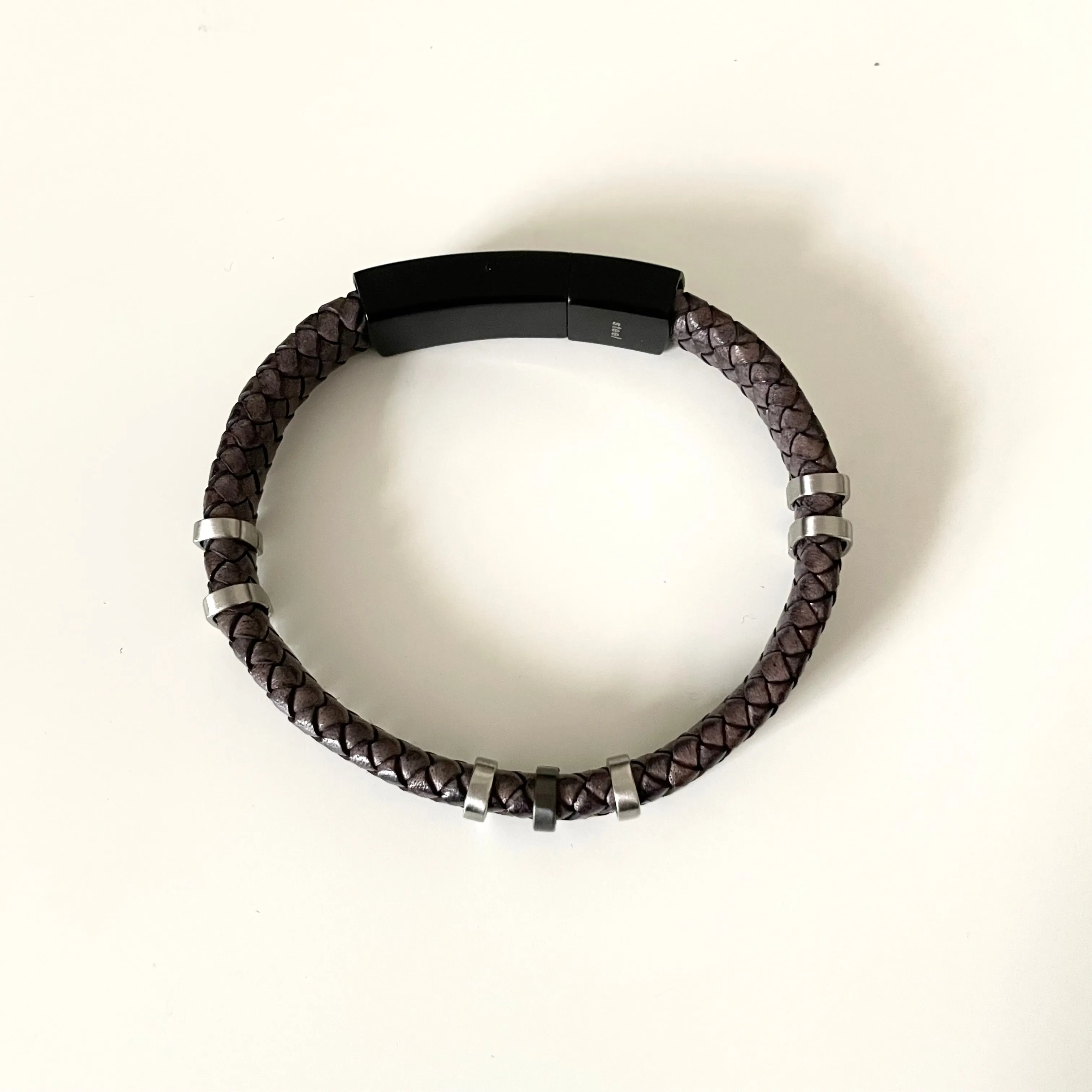 Brown Nappa Leather Braided Band Bracelet with a Stainless Steel Black Snap Fastener