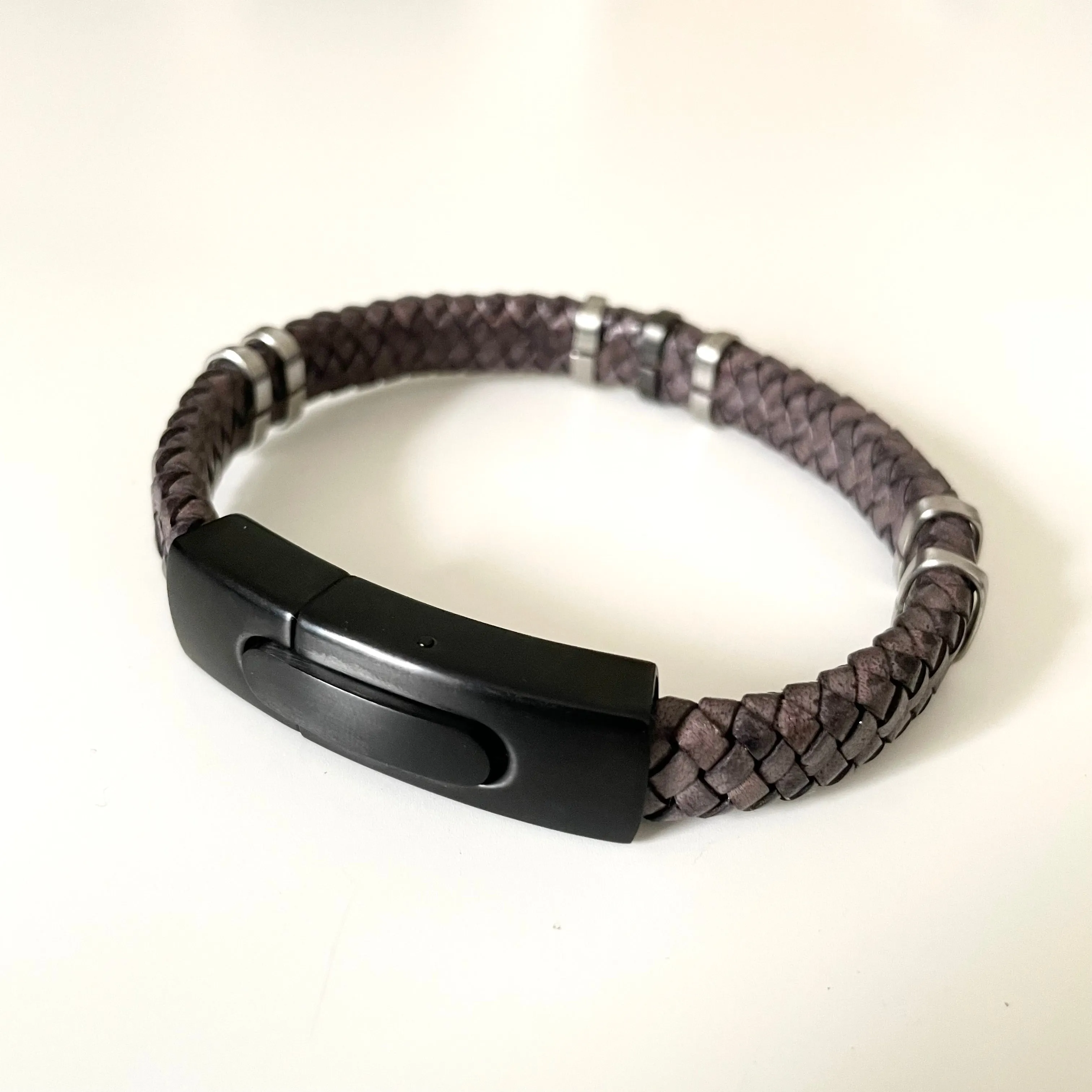 Brown Nappa Leather Braided Band Bracelet with a Stainless Steel Black Snap Fastener