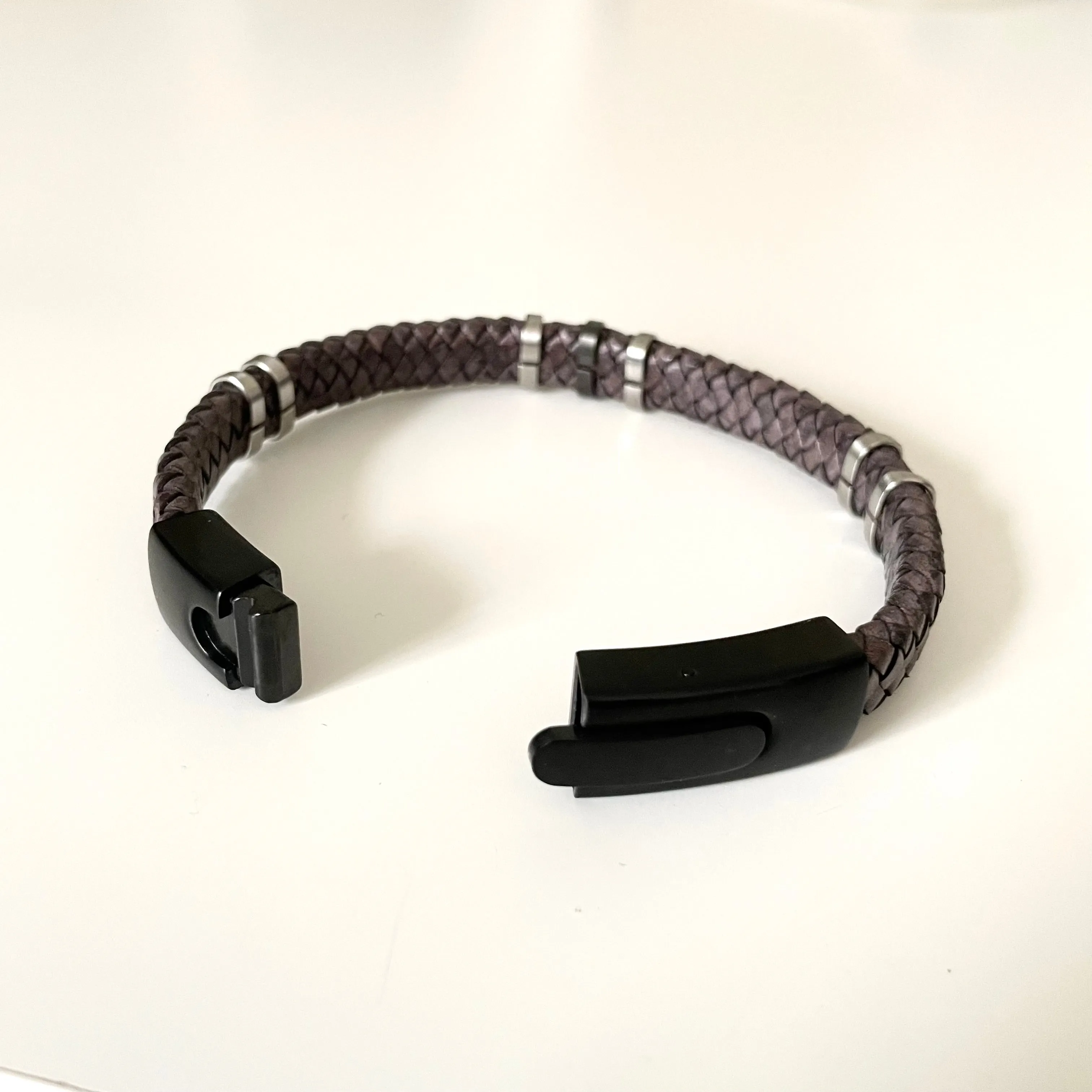 Brown Nappa Leather Braided Band Bracelet with a Stainless Steel Black Snap Fastener