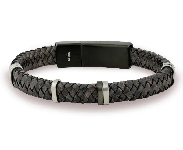 Brown Nappa Leather Braided Band Bracelet with a Stainless Steel Black Snap Fastener