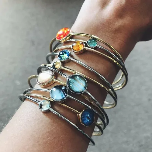 Celestial Stacking Bracelet Set - Solar System Planets & Sun - 10 Bangles - Rhodium Plated Brass & Glass - Handcrafted - Discounts Available