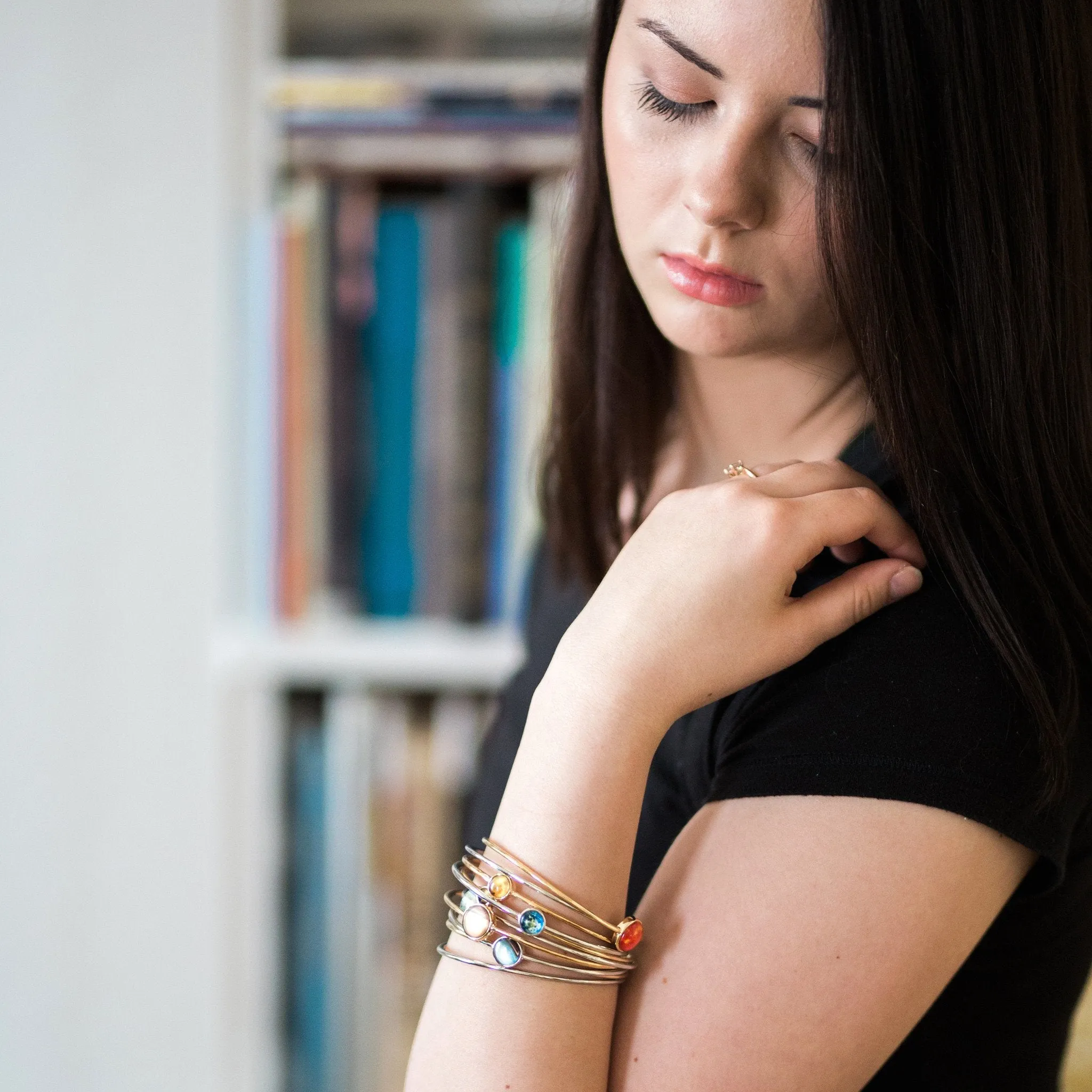 Celestial Stacking Bracelet Set - Solar System Planets & Sun - 10 Bangles - Rhodium Plated Brass & Glass - Handcrafted - Discounts Available