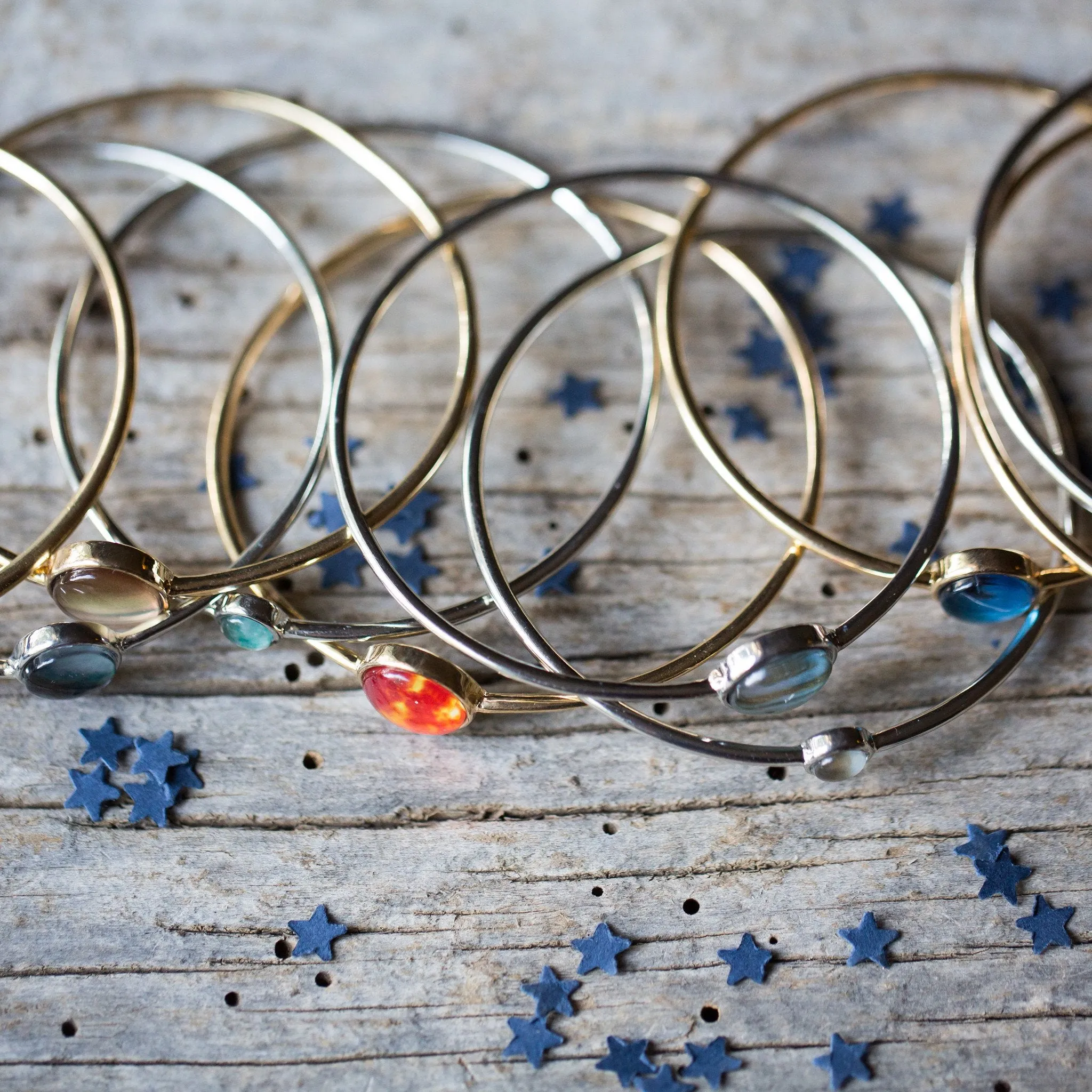Celestial Stacking Bracelet Set - Solar System Planets & Sun - 10 Bangles - Rhodium Plated Brass & Glass - Handcrafted - Discounts Available