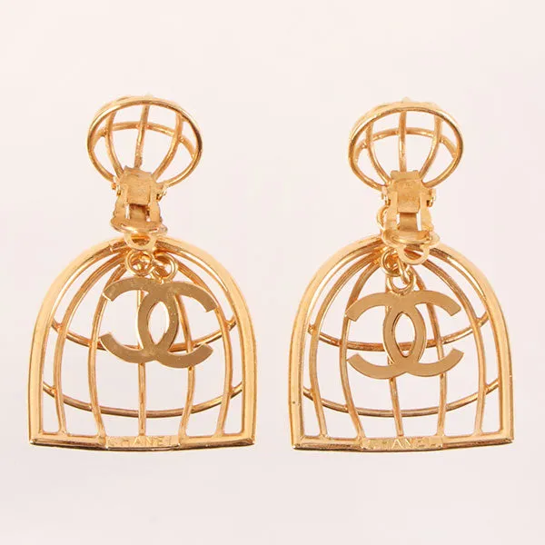 CHANEL 1993 Made Bird Cage Cc Mark Swing Earrings