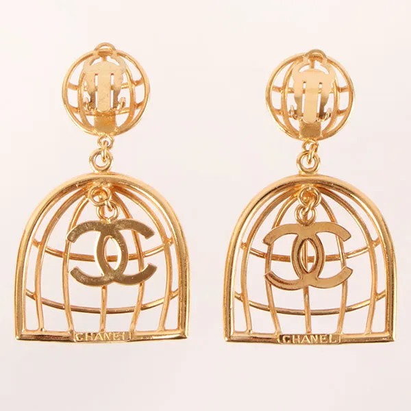 CHANEL 1993 Made Bird Cage Cc Mark Swing Earrings