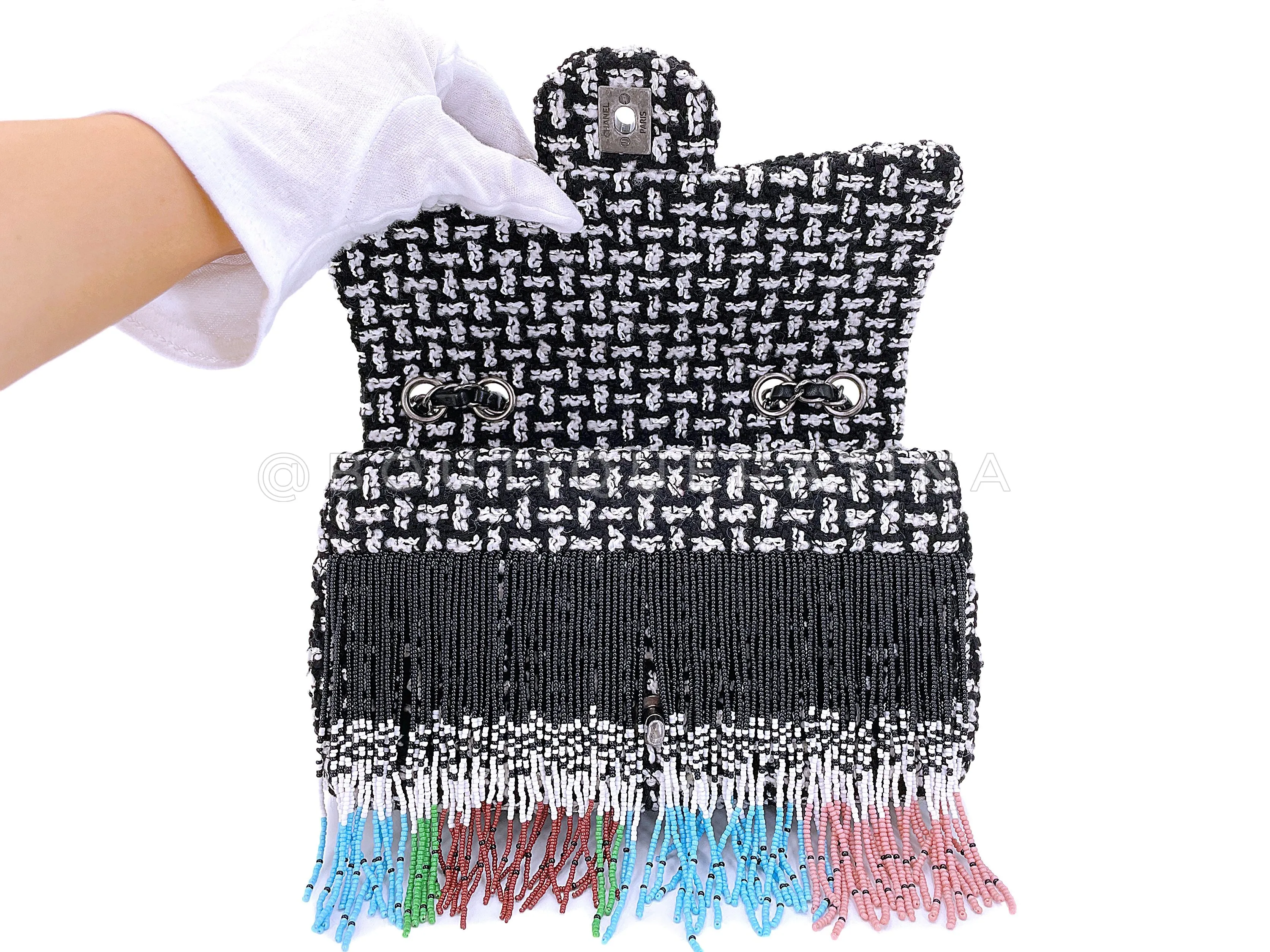 Chanel 2014 Paris-Dallas Métiers d'Art Tweed Beaded Fringe Flap Bag RHW WY5