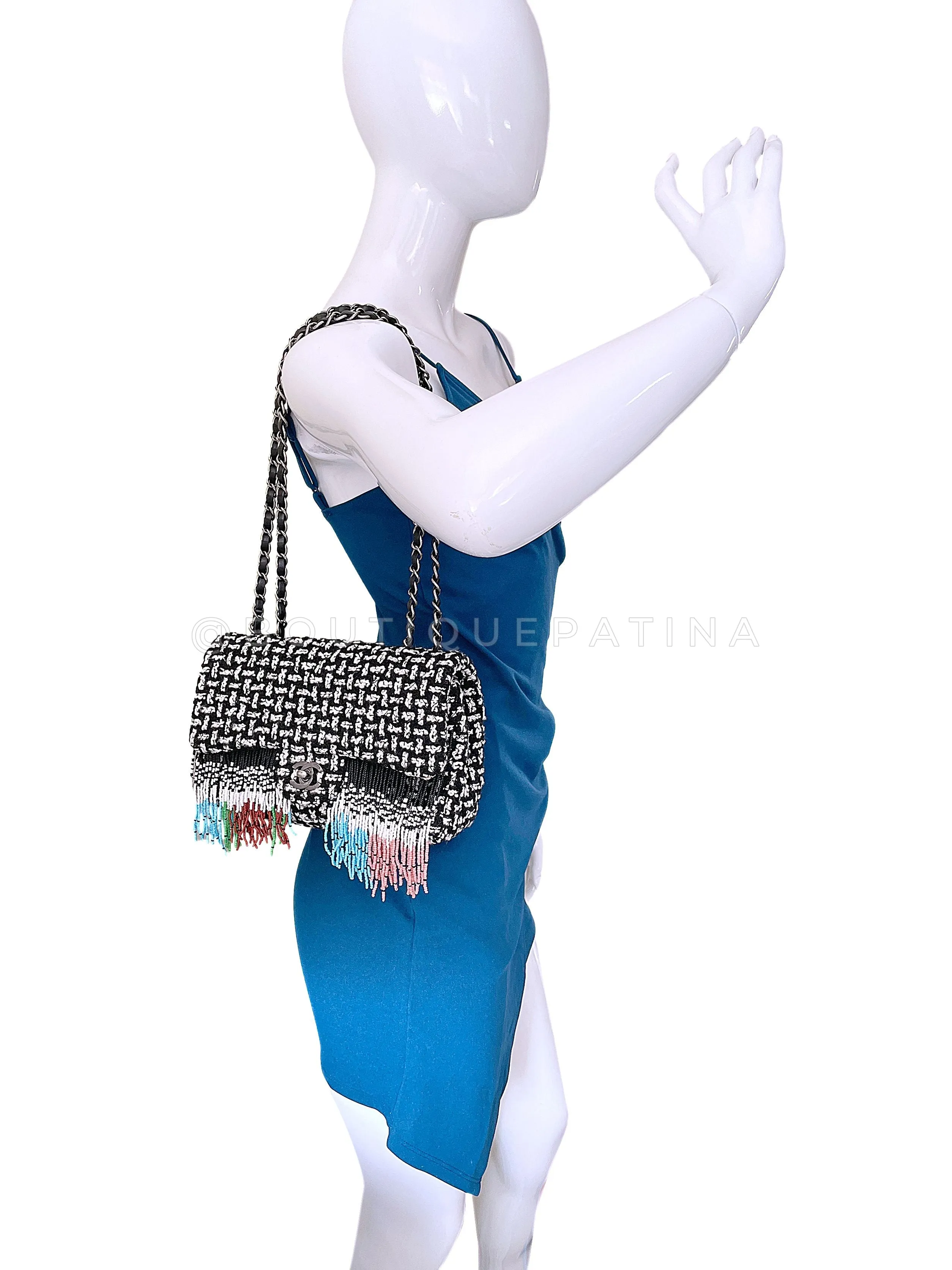 Chanel 2014 Paris-Dallas Métiers d'Art Tweed Beaded Fringe Flap Bag RHW WY5