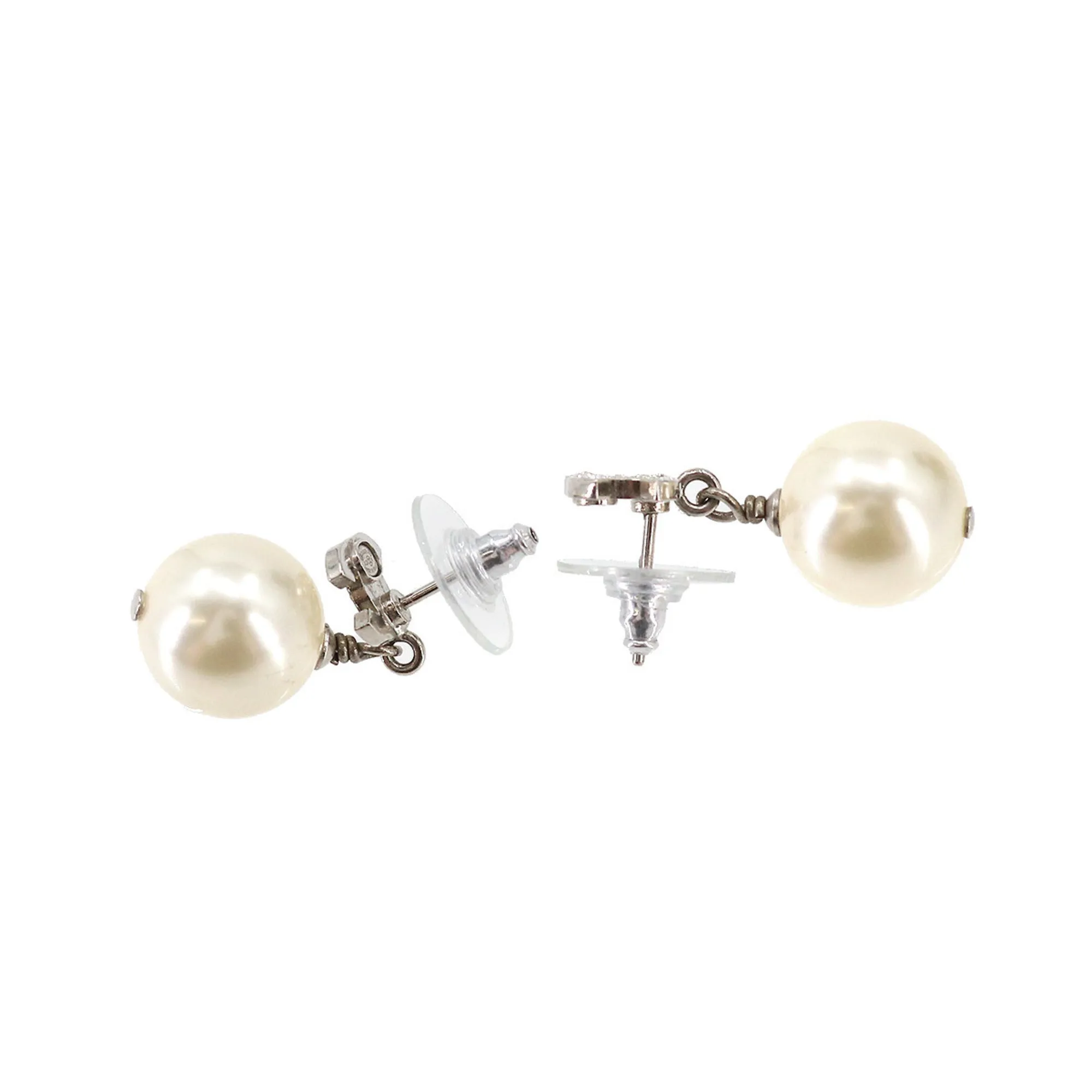 CHANEL Cocomark Fake Pearl Rhinestone Earrings Swing Silver A20V Accessories