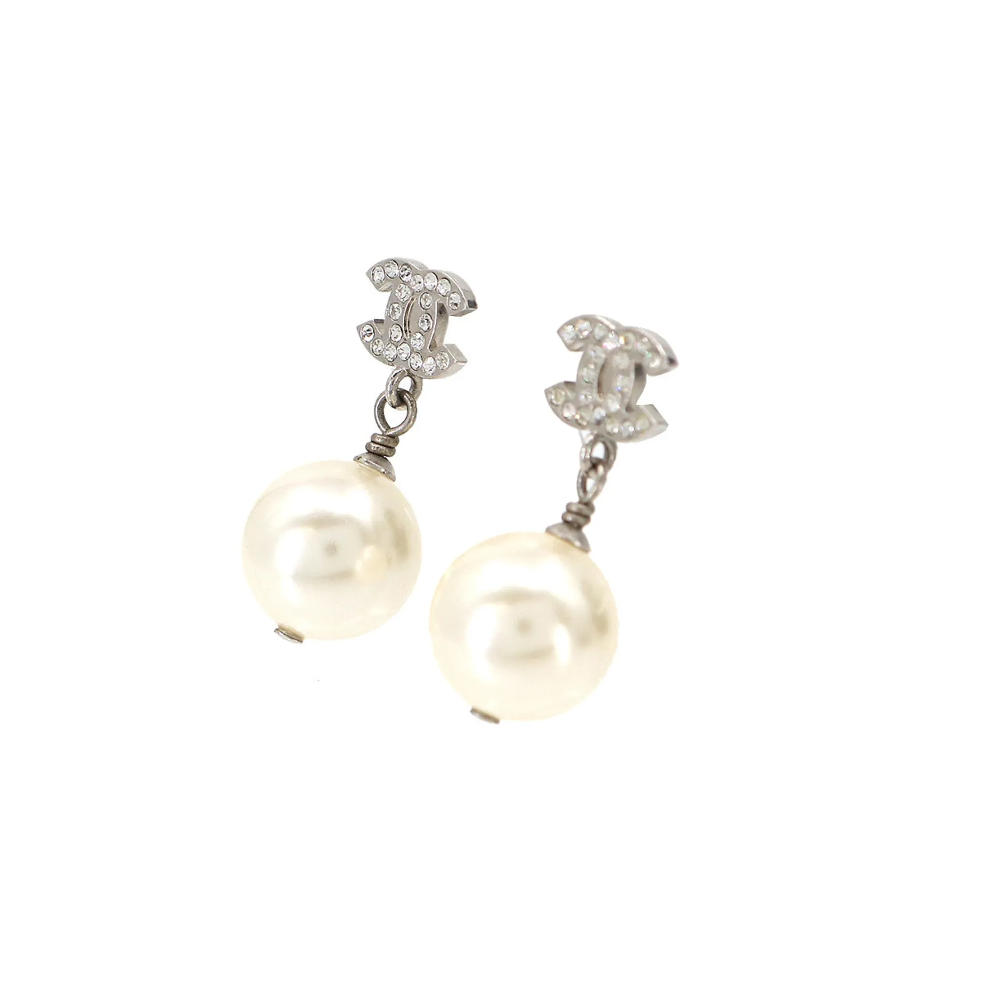 CHANEL Cocomark Fake Pearl Rhinestone Earrings Swing Silver A20V Accessories