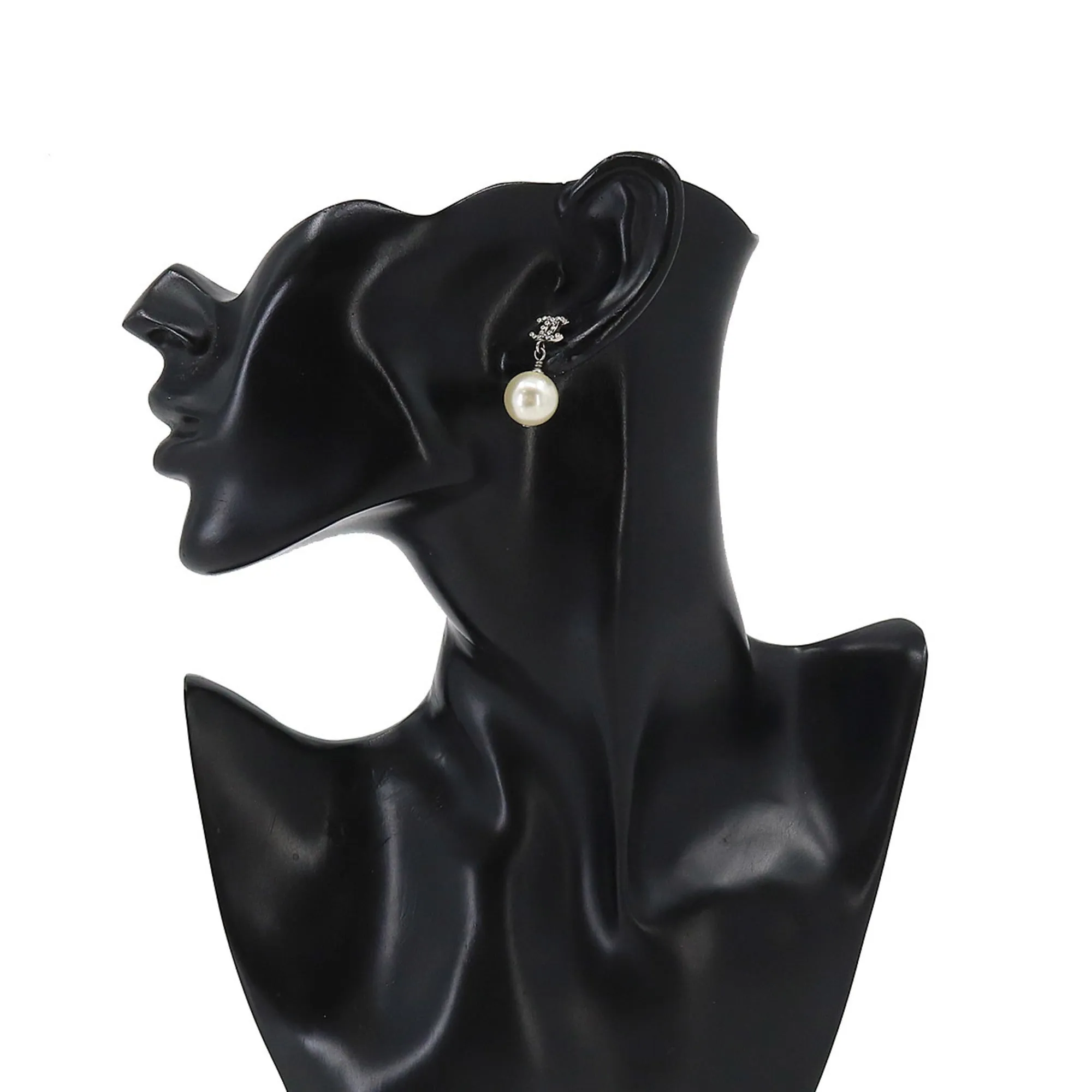 CHANEL Cocomark Fake Pearl Rhinestone Earrings Swing Silver A20V Accessories