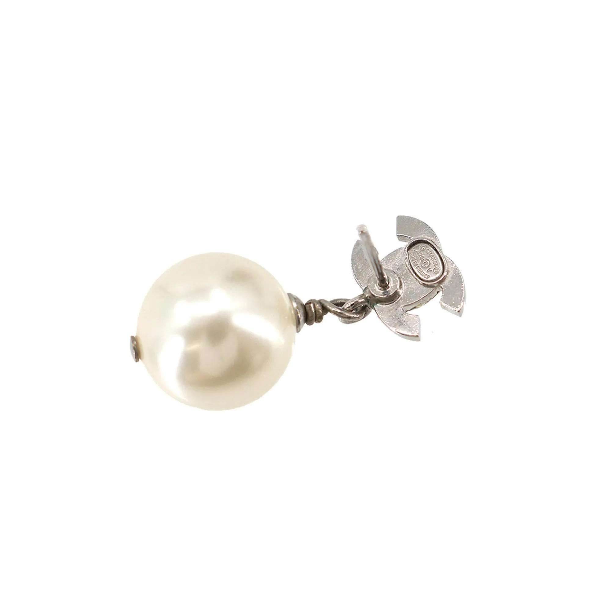 CHANEL Cocomark Fake Pearl Rhinestone Earrings Swing Silver A20V Accessories