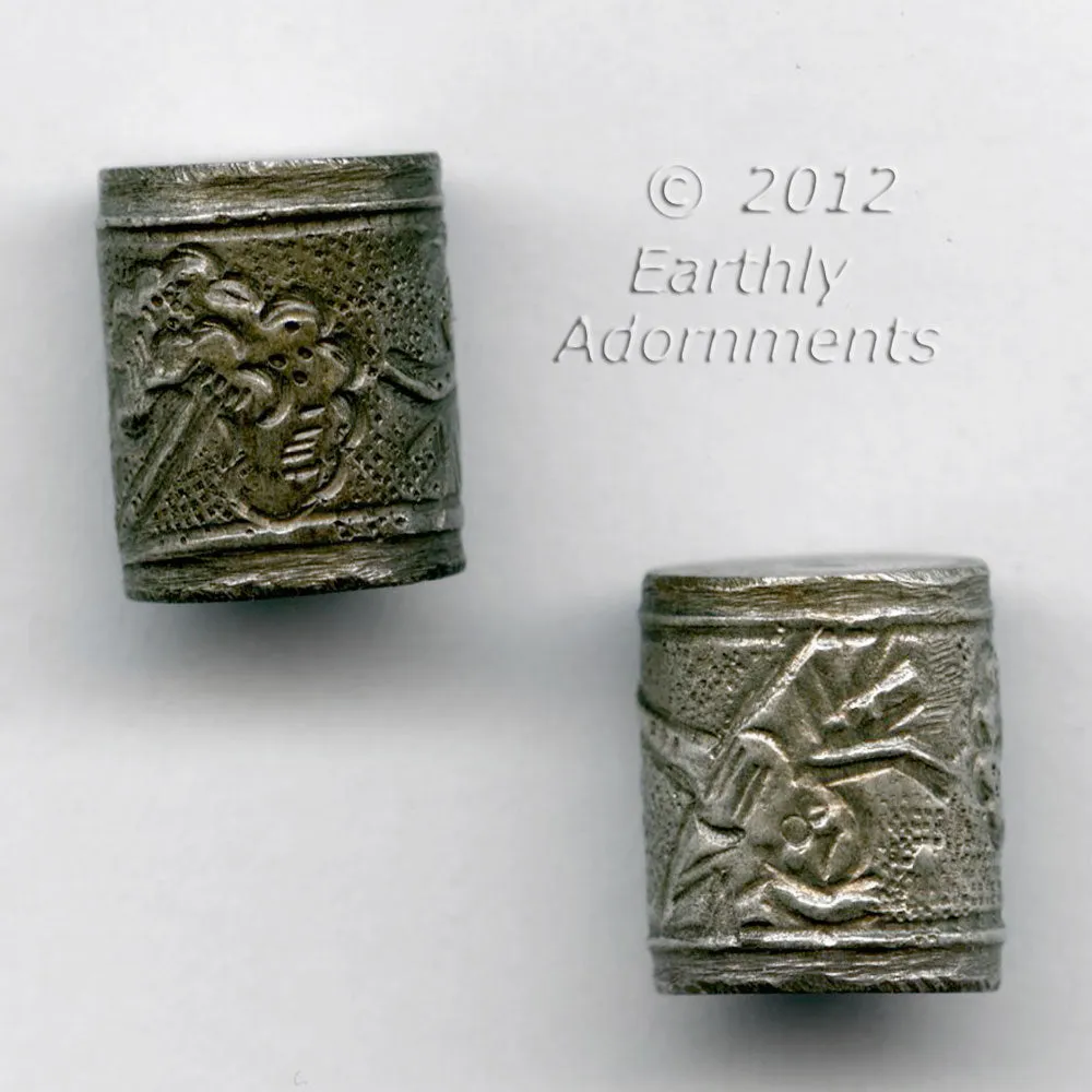 Coin silver embossed cylinder bead dragonfly design 14x10mm Pkg of 1. B18-0306