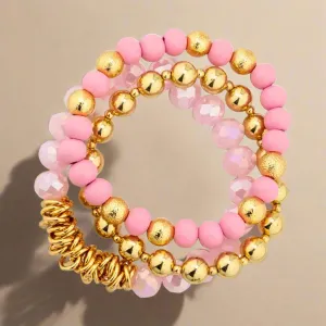 Colorful Trio Metal Glass and Wood Stretch Bracelet Set
