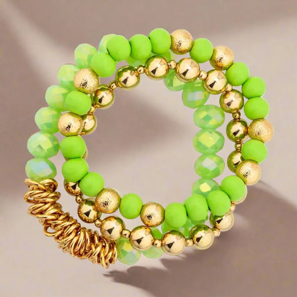 Colorful Trio Metal Glass and Wood Stretch Bracelet Set