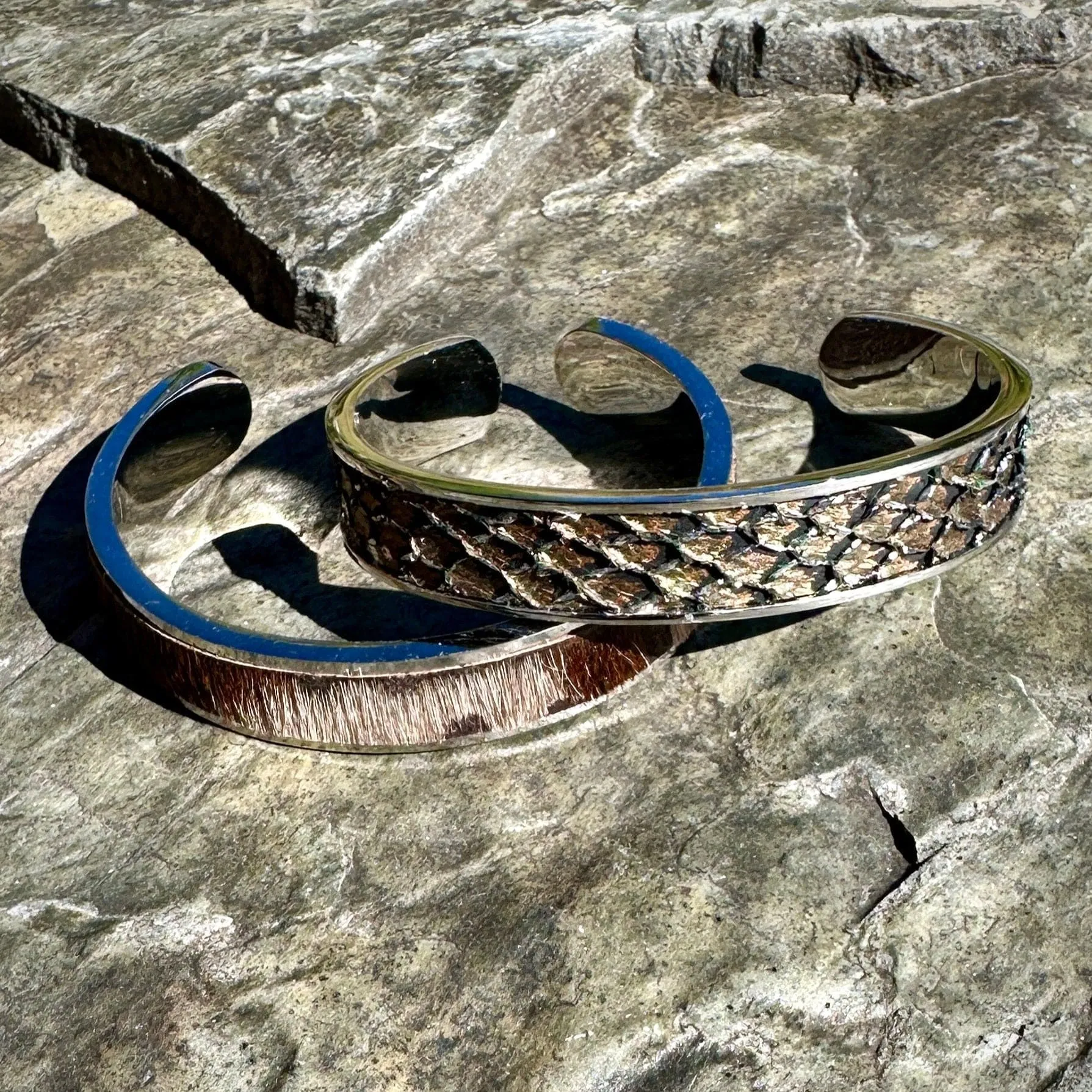 Cuff Bracelets - Stainless Steel with Leather or Hair Hide