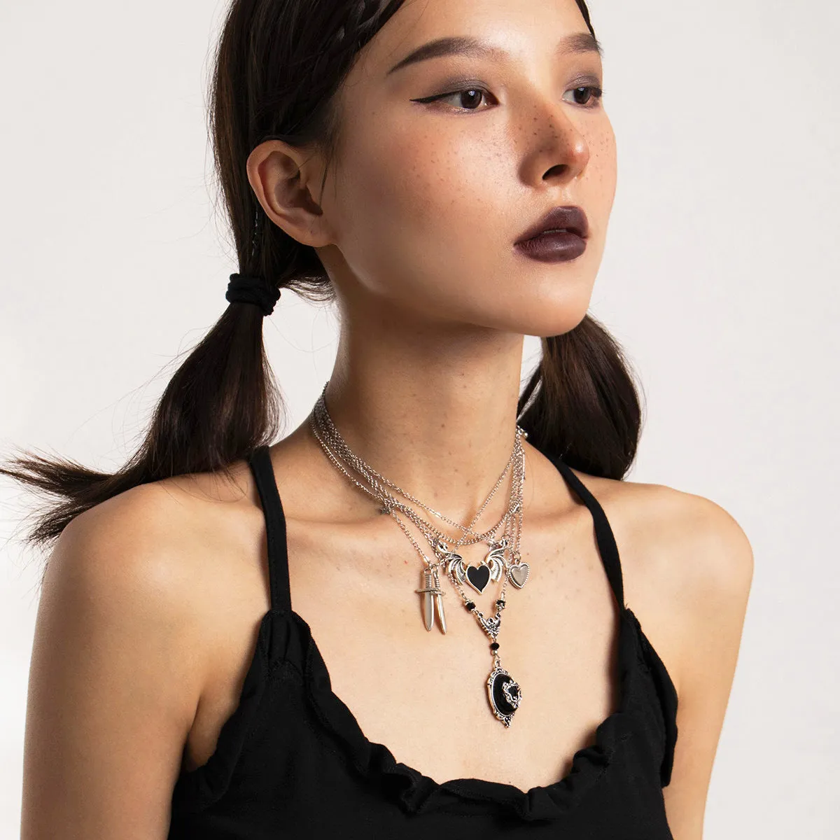 Dark Punk Heart Wing Sword Pendant Necklace for Halloween