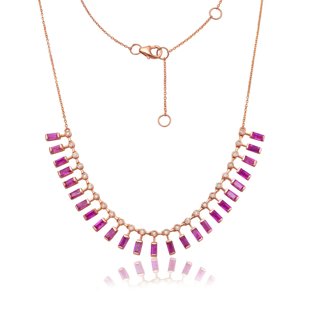 Diamond & Dangling Emerald Cut Pink Sapphire Choker Necklace (4.75 ct.) in 14K Gold