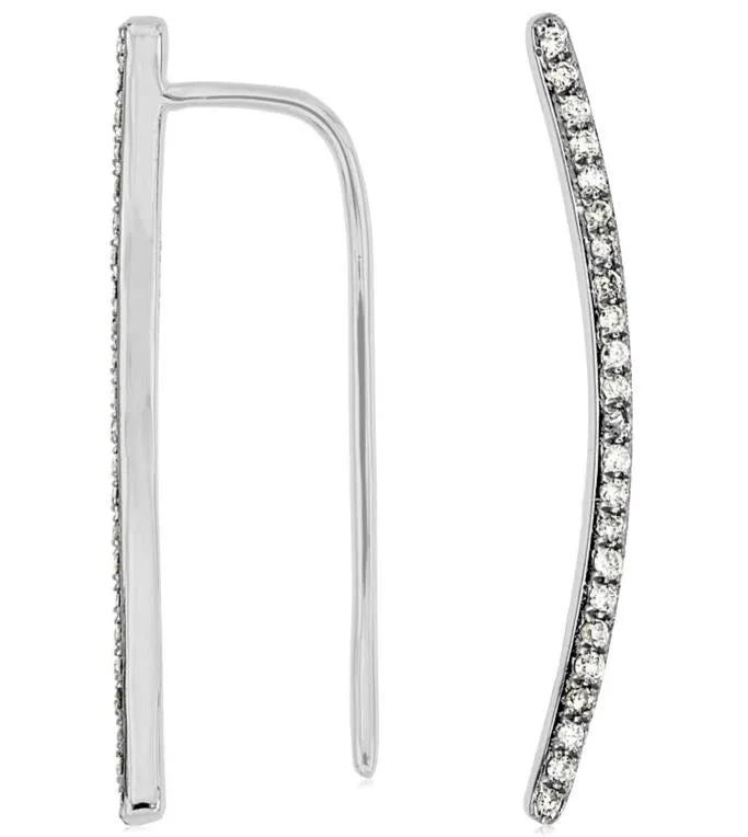 ESTATE .19CT DIAMOND 14KT WHITE GOLD 3D CLASSIC SEMI CURVE BAR HANGING EARRINGS