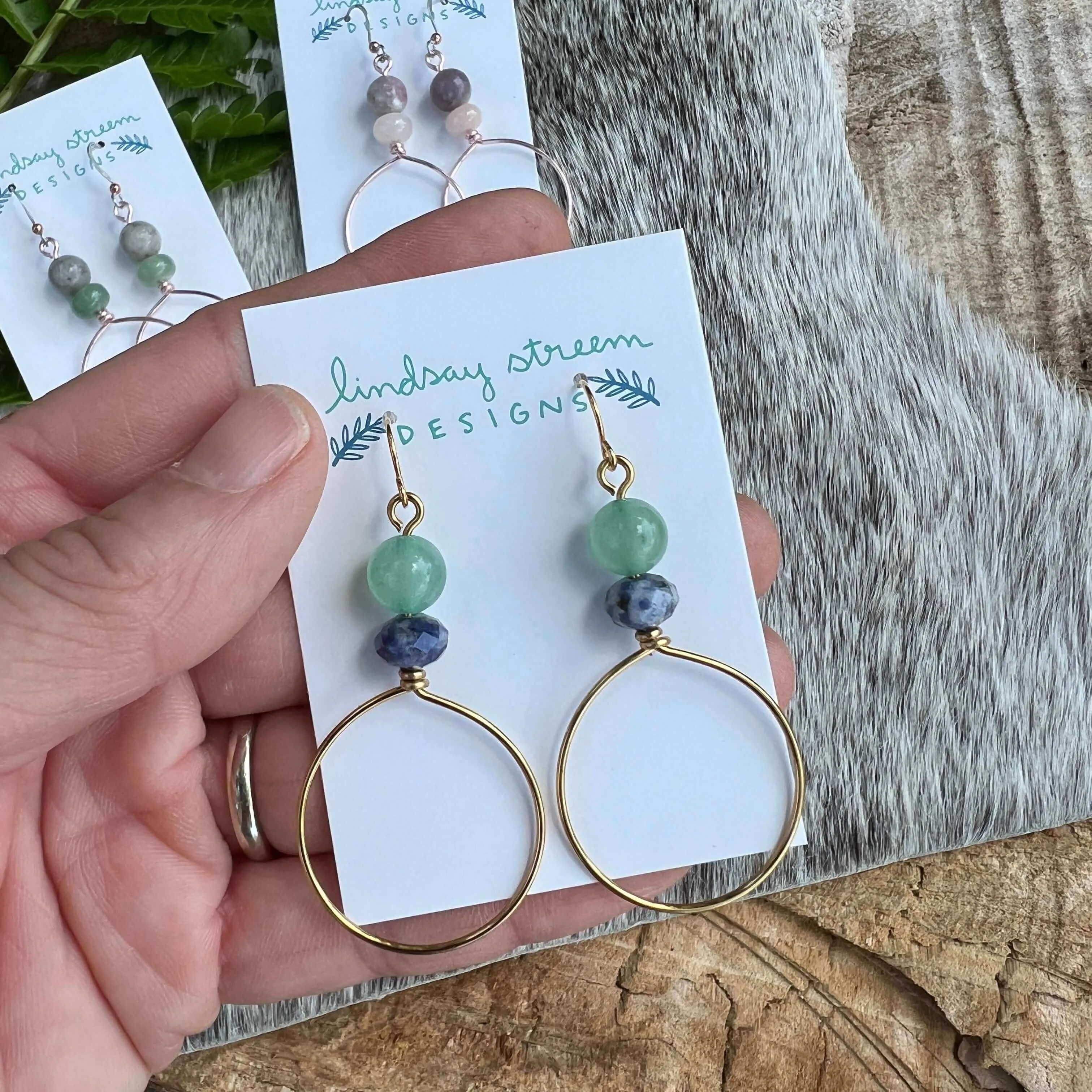 Festival Hoop Earrings - Golden with Pink Aventurine & Jasper