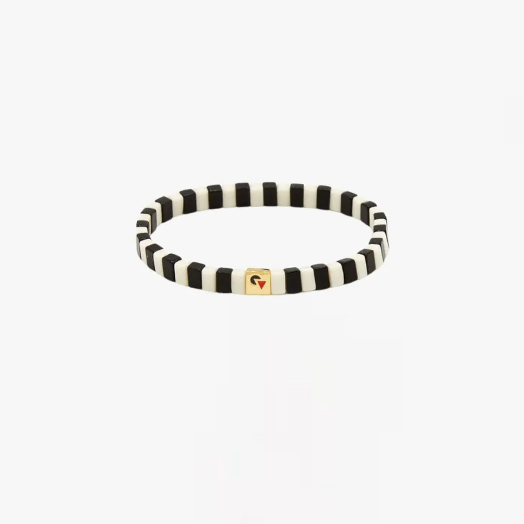 Glass Beaded Stretch Bracelet (Black   Cream   Gold)