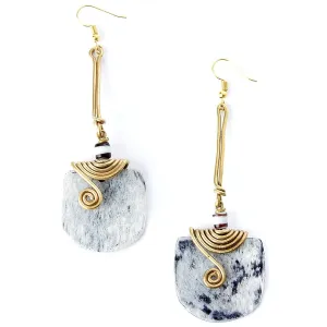 Gray Bone & Brass Curl Dangle Earrings