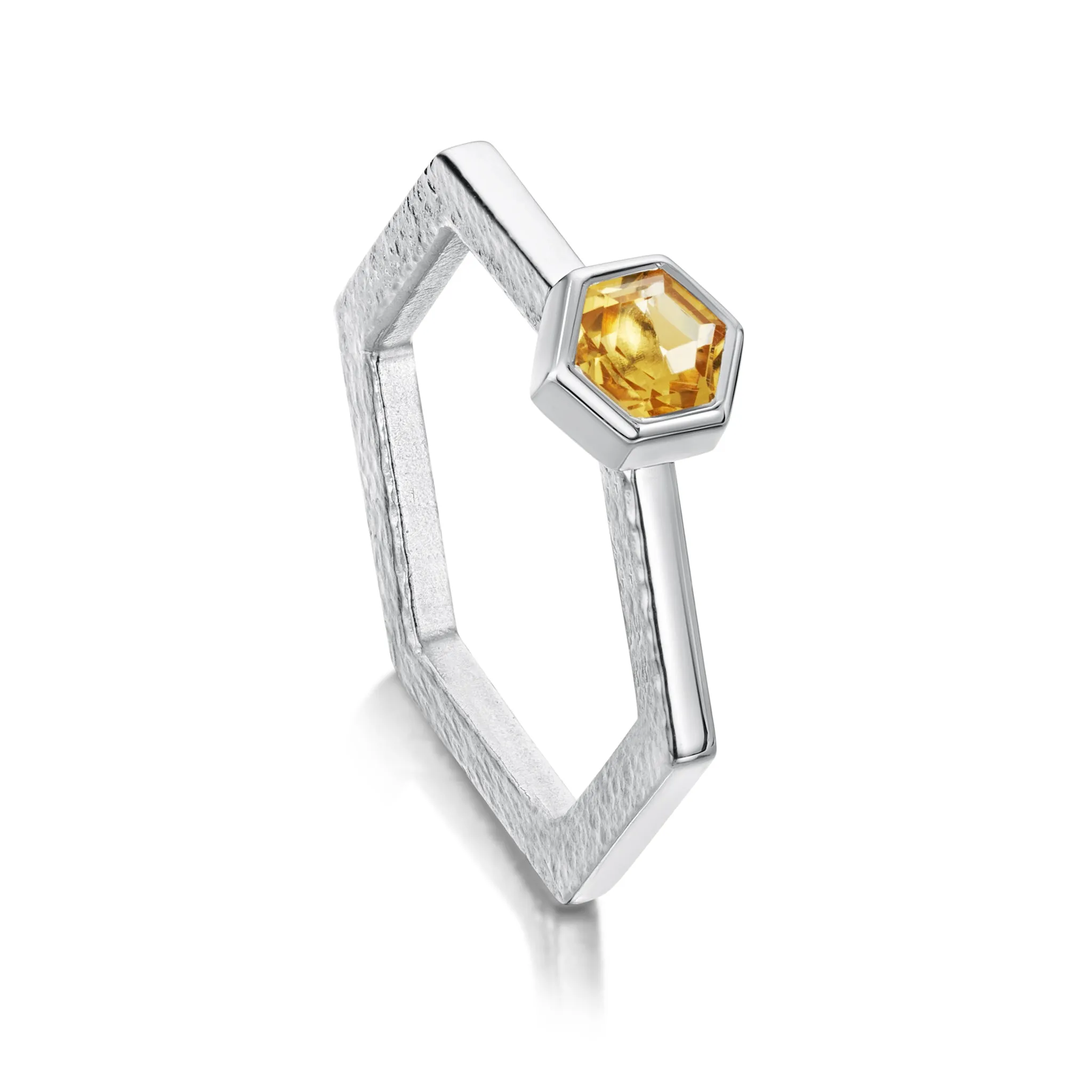 Honeycomb Silver Hexagon Ring with 5mm Citrine