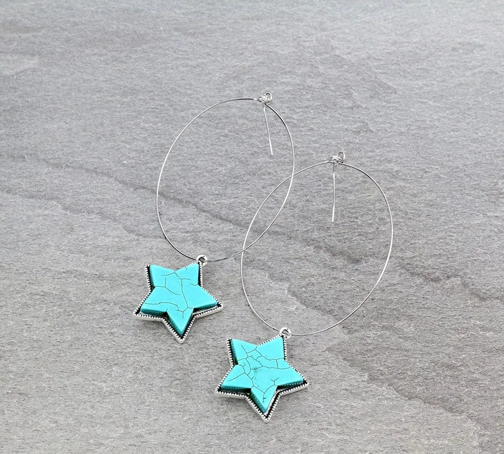 Large turquoise star hoop earrings