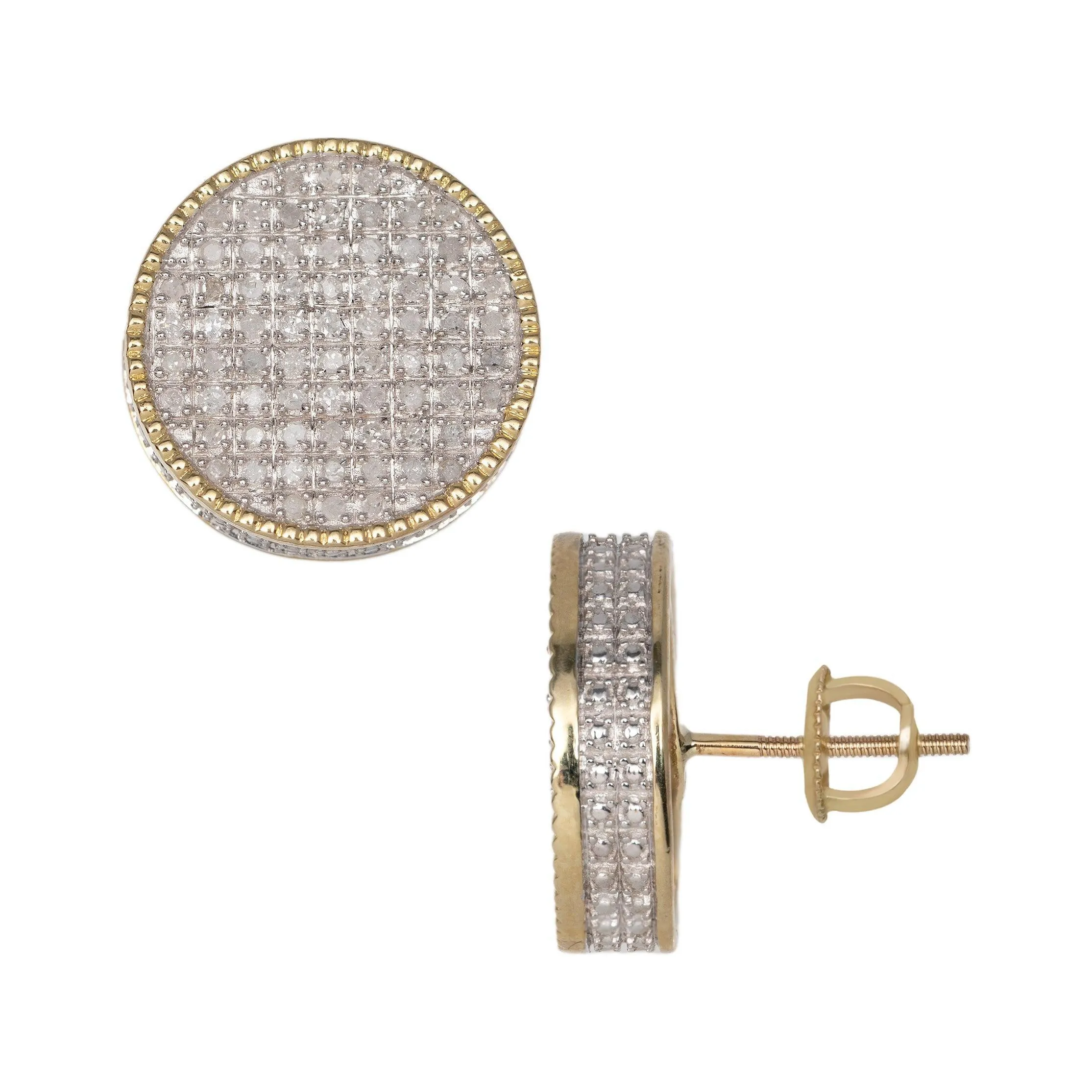 Men's Beaded Round Micro-Pavé Diamond Stud Earrings 0.60ct 10K Yellow Gold