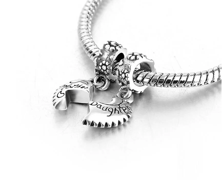 Mother & Daughter 2-Piece Matching Heart Dangle Charm 925 Sterling Silver