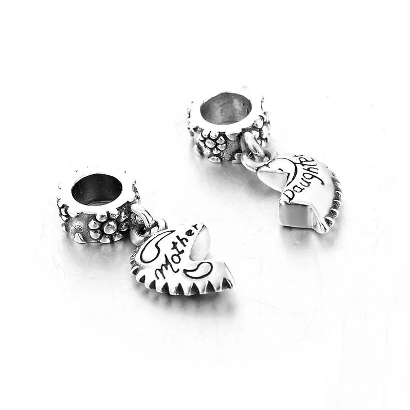 Mother & Daughter 2-Piece Matching Heart Dangle Charm 925 Sterling Silver