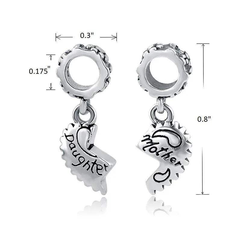 Mother & Daughter 2-Piece Matching Heart Dangle Charm 925 Sterling Silver
