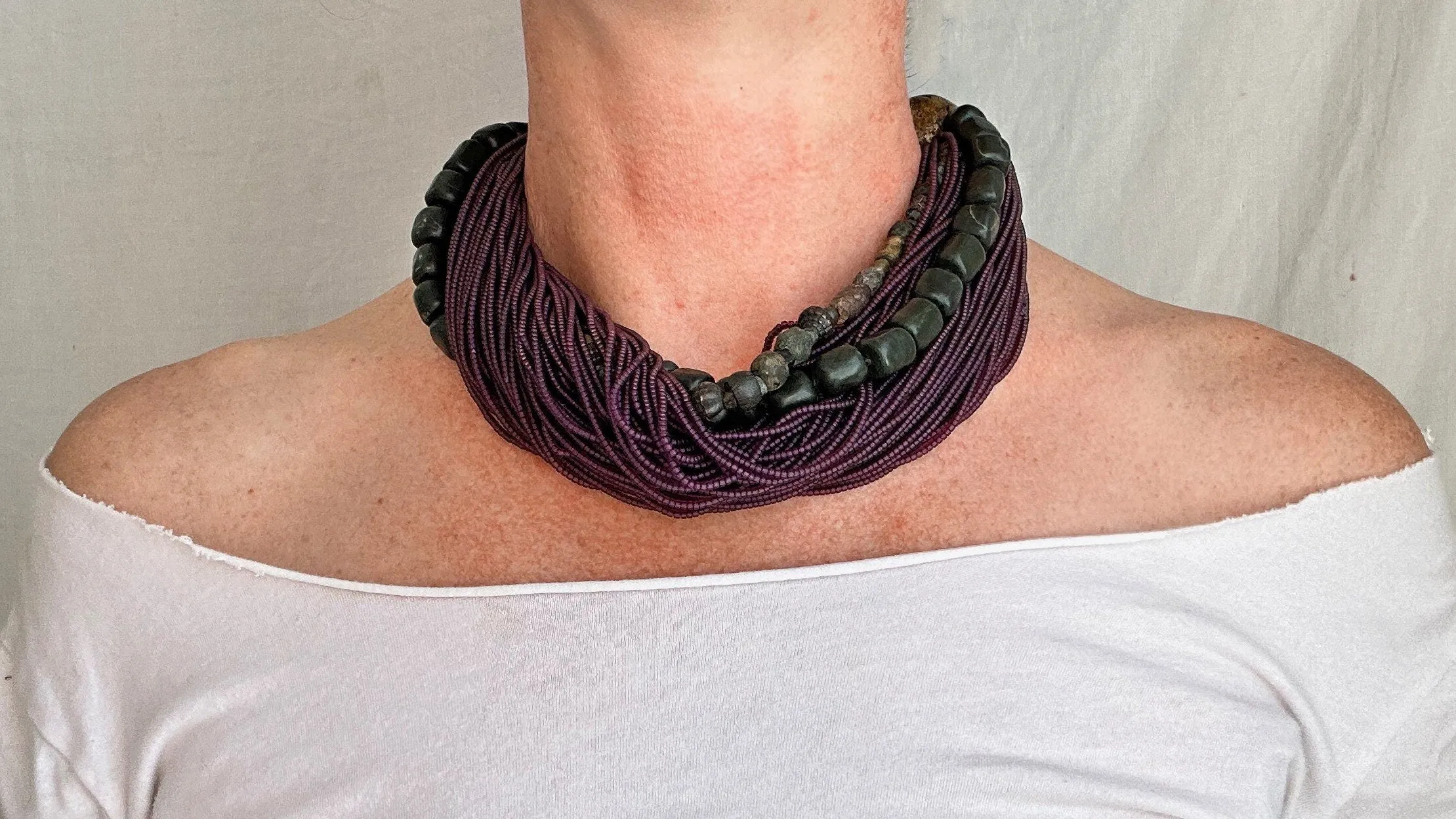 Multi-Strand Necklace. Glass, Serpentine and Ancient Metal Beads.