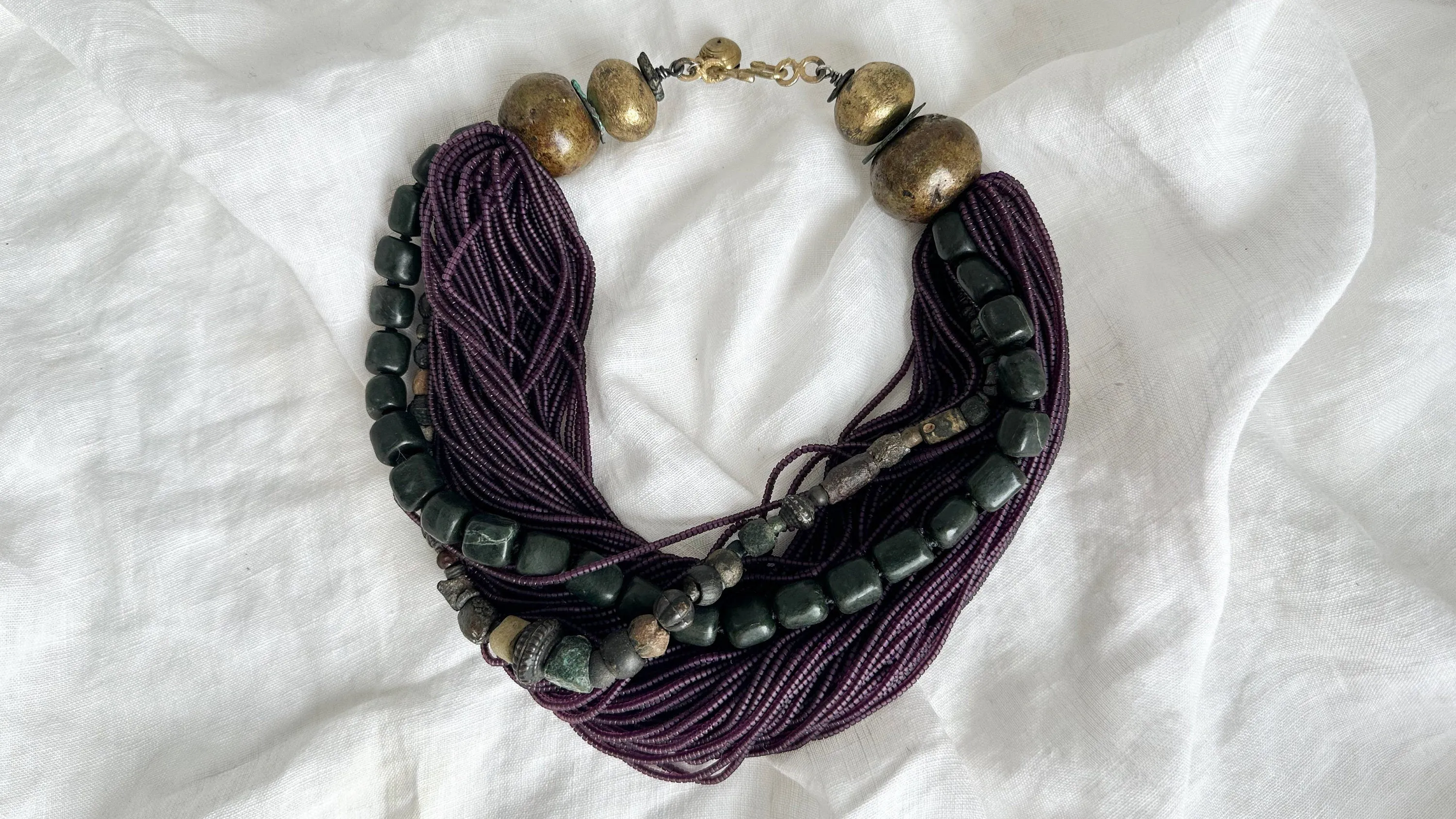 Multi-Strand Necklace. Glass, Serpentine and Ancient Metal Beads.