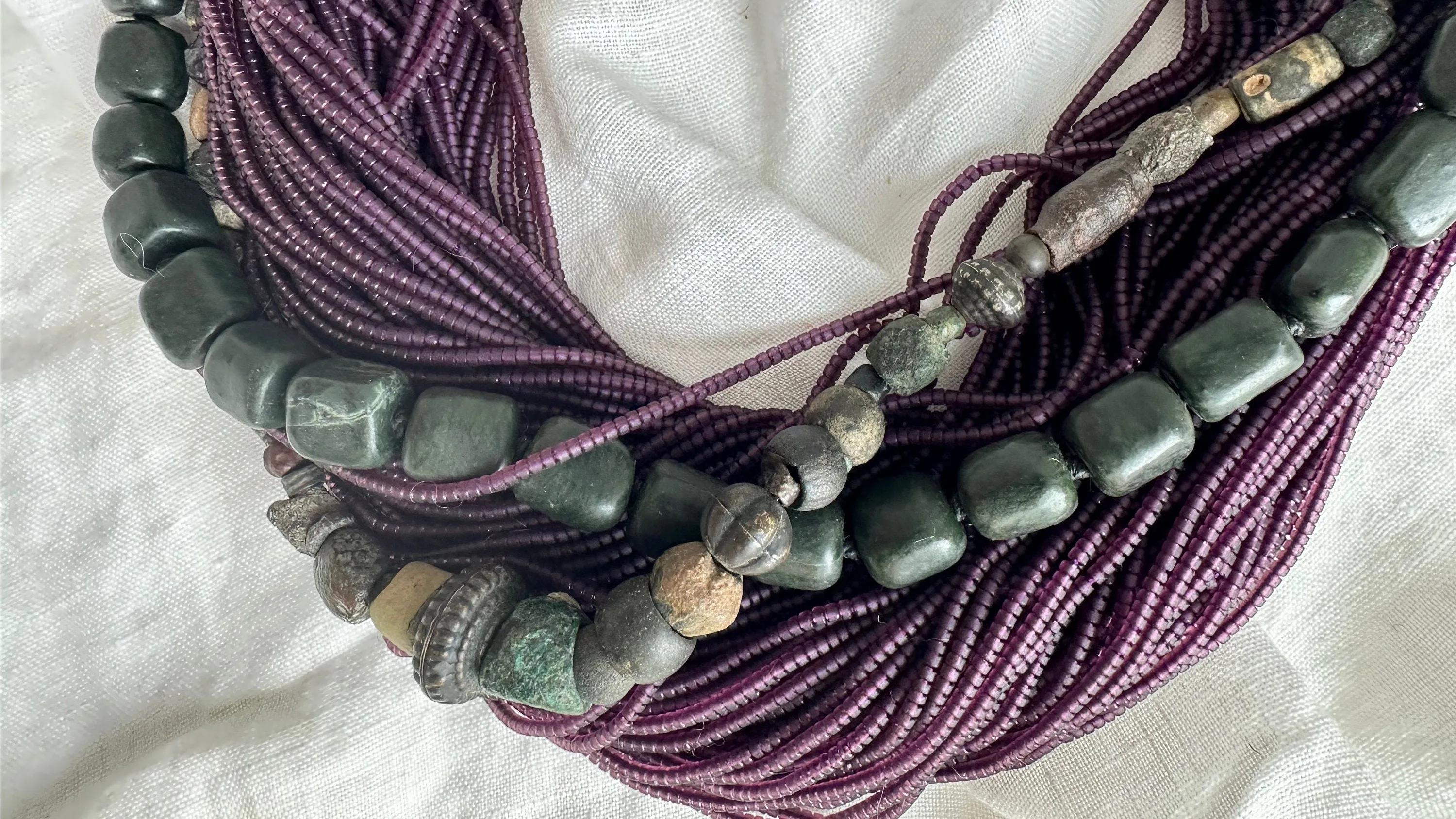 Multi-Strand Necklace. Glass, Serpentine and Ancient Metal Beads.