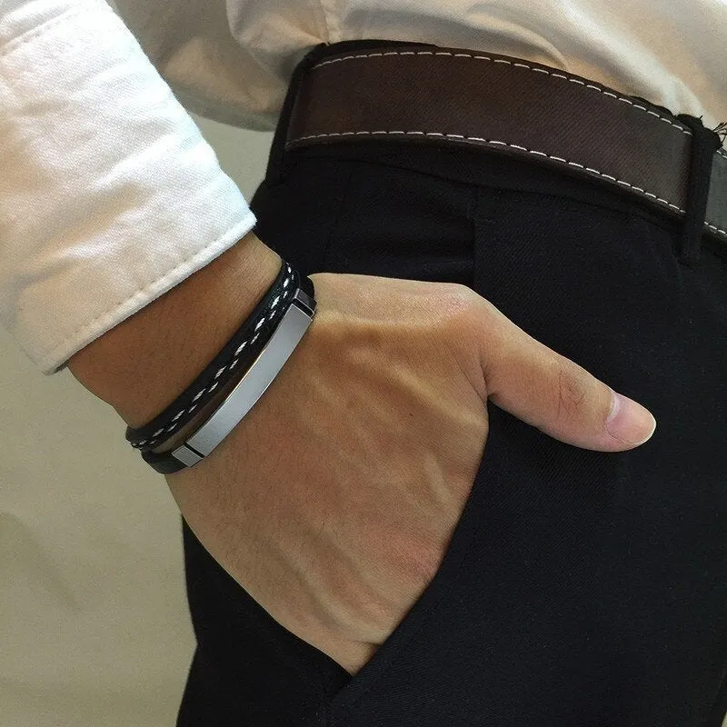 Personalized Men Leather Bracelet, Custom Name Engraved Bracelet, Braided Leather Bangle, Christmas Xmas Gifts Ideas For Father, Boyfriend