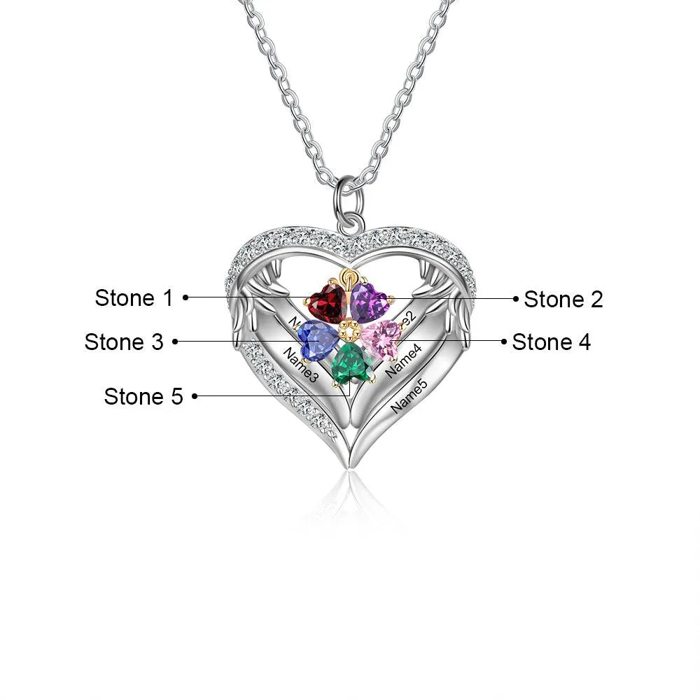 Personalized Sterling Clover Necklace - 5 Custom Names 5 Birthstones