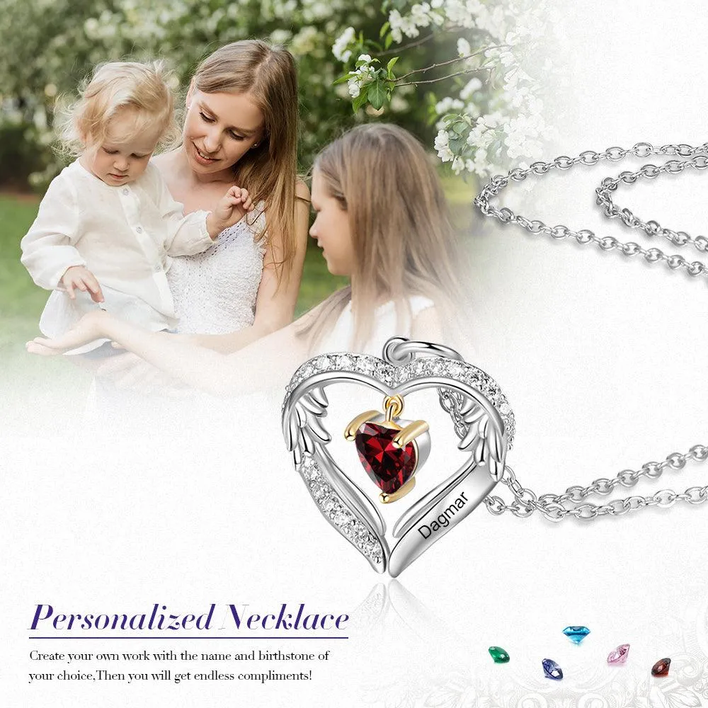 Personalized Sterling Silver Wings Necklace - 1 Custom Name 1 Birthstone